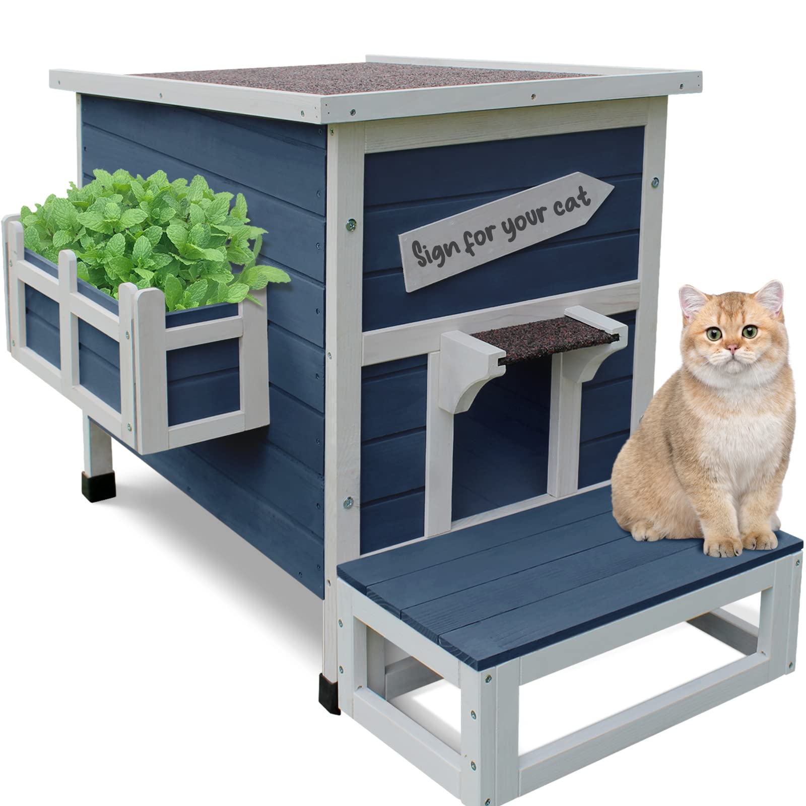Outdoor Cat Shelter With Escape Door Rainproof Outside Kitty House (Signle Story Blue-For 2-3 Cats)