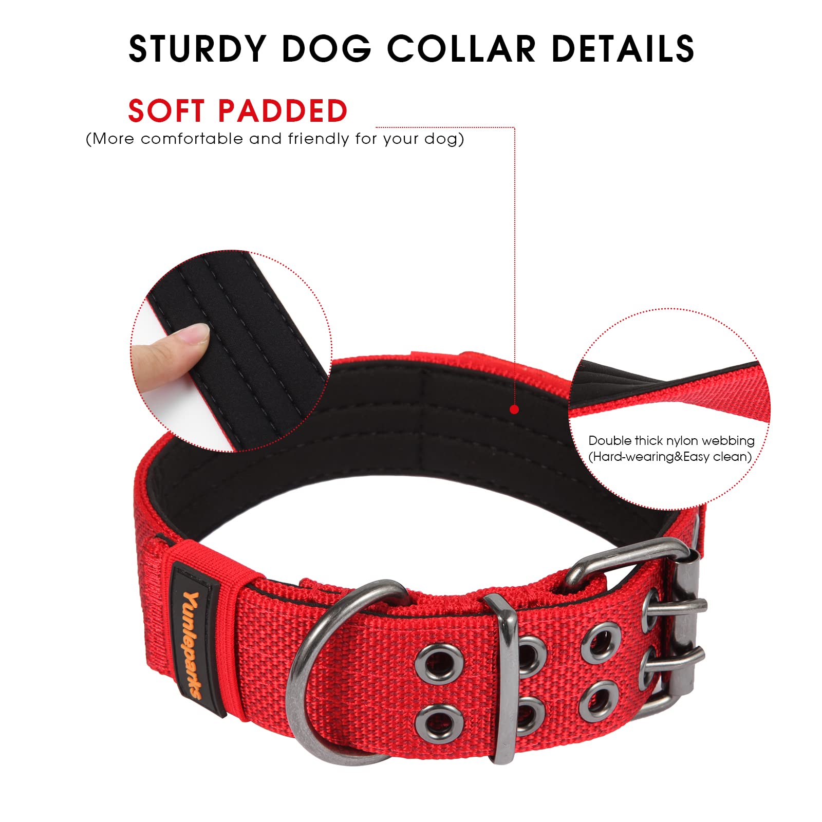Yunleparks Tactical Collar For Medium Large Dogs, Heavy Duty Metal Buckle, Soft Neoprene Padded, Nylon Wide(Medium, Red)