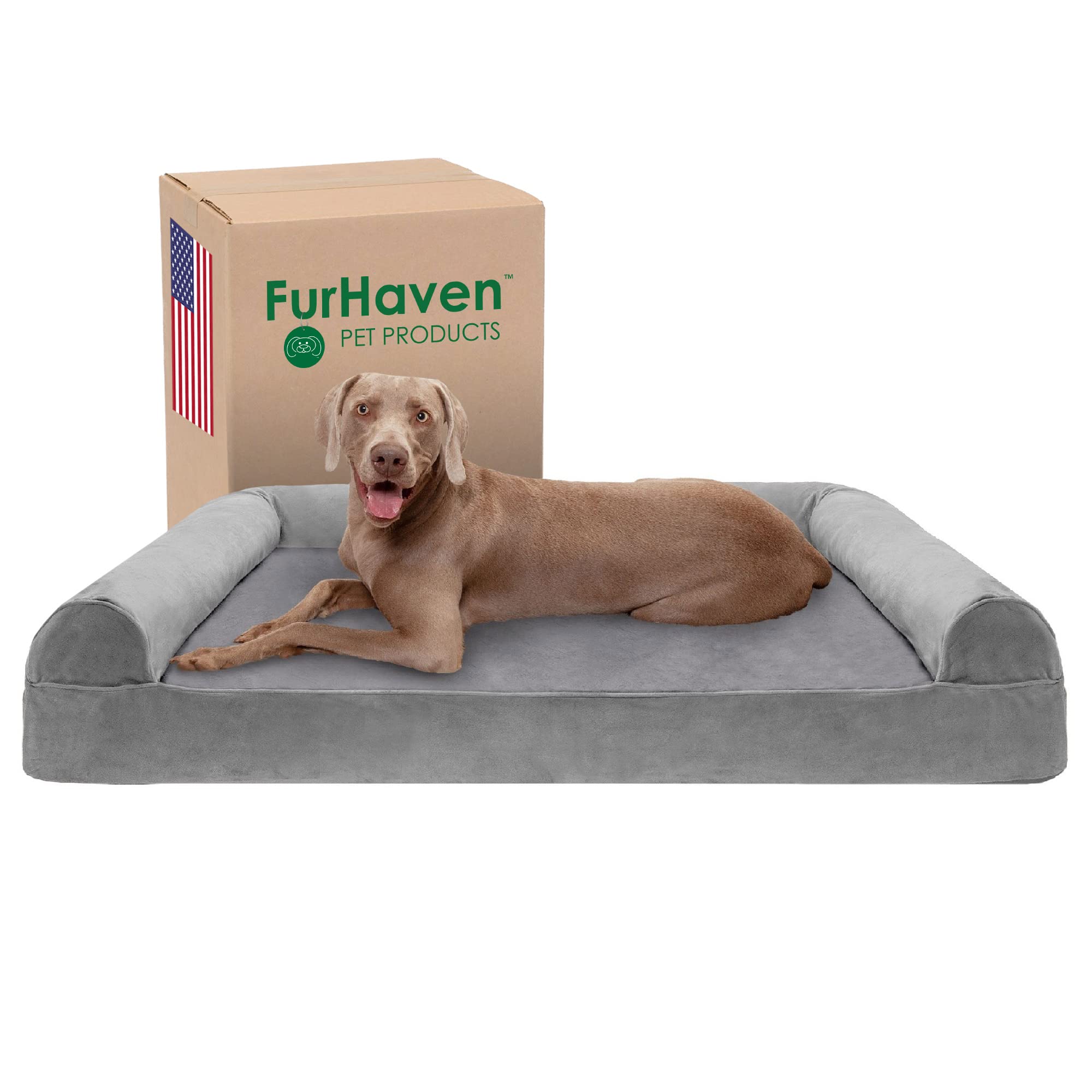 Furhaven Cooling Gel Dog Bed for Large Dogs w/ Removable Bolsters & Washable Cover, For Dogs Up to 125 lbs - Faux Fur & Velvet S