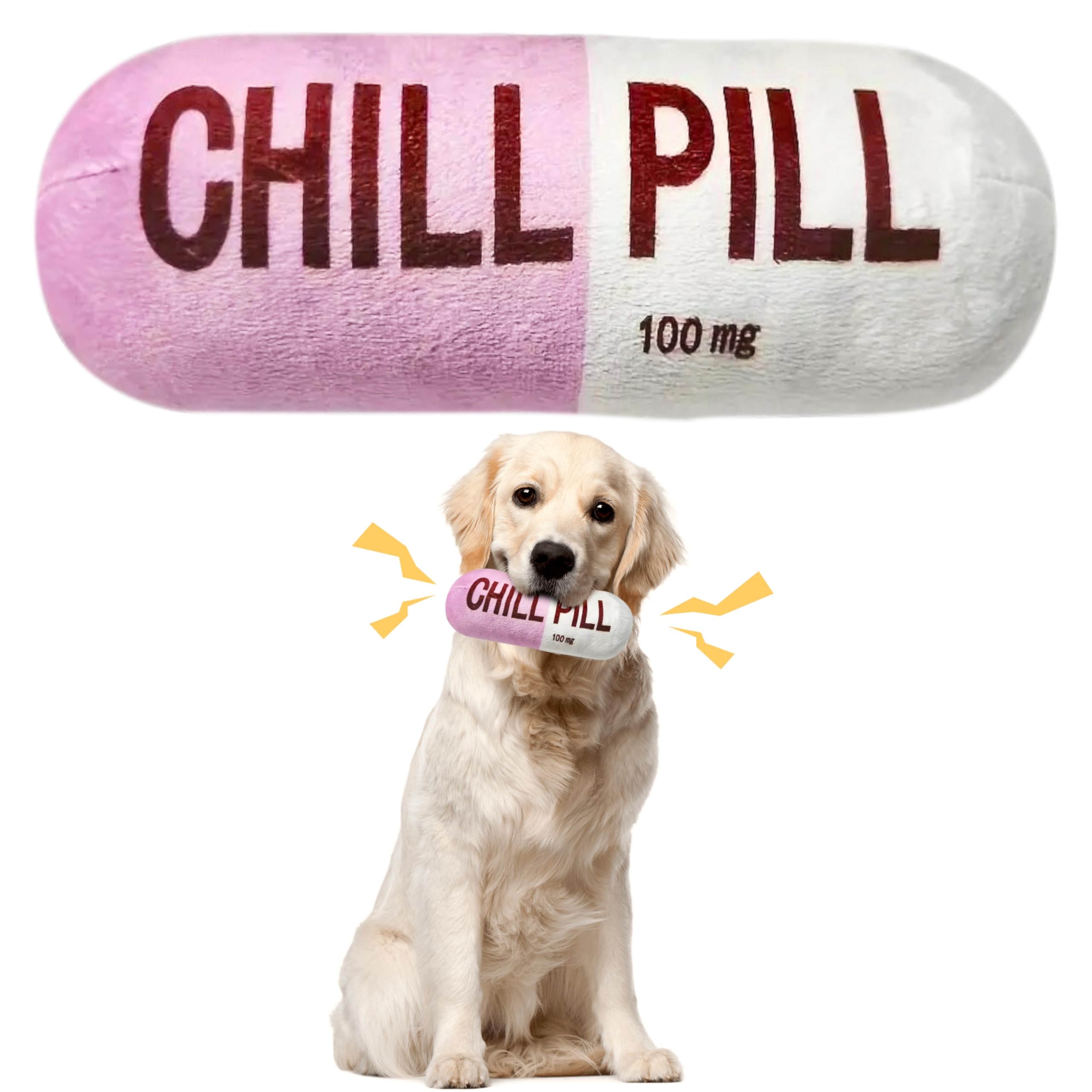 Cuweipeng Funny Dog Squeaky Toy - Pink Chill Pill Capsule Shaped Teething Squeak Plush Pet Toy Bite Kick Indoor Interactive Trai