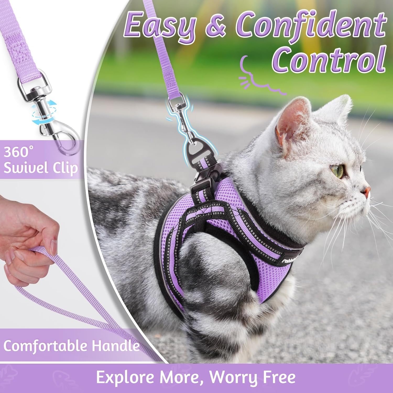Rabbitgoo Cat Harness And Leash Set For Walking Escape Proof, Adjustable Soft Kittens Vest With Reflective Strip For Cats, Comfortable Outdoor Vest, Light Purple, Xl
