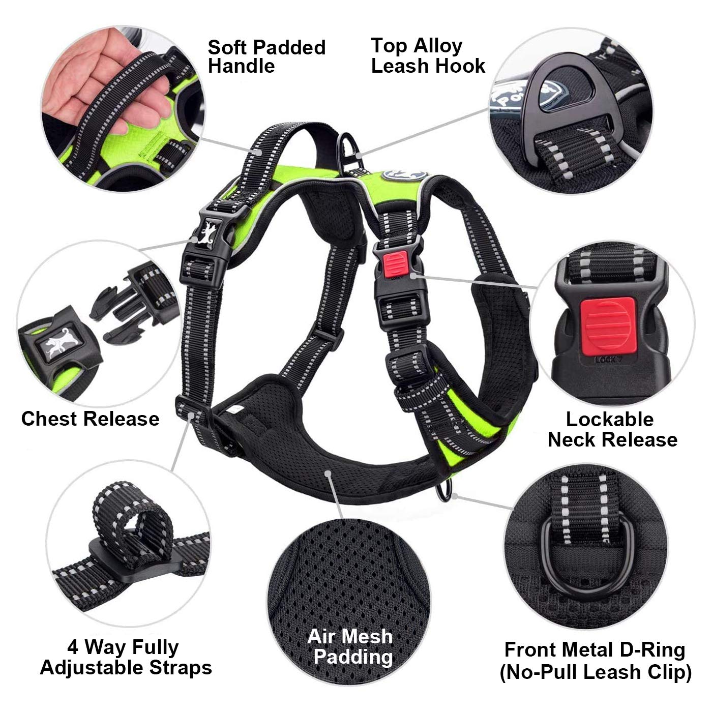 Poypet No Pull Dog Harness, No Choke Front Clip Dog Reflective Harness, Adjustable Soft Padded Pet Vest With Easy Control Handle For Small To Large Dogs(Green,L)
