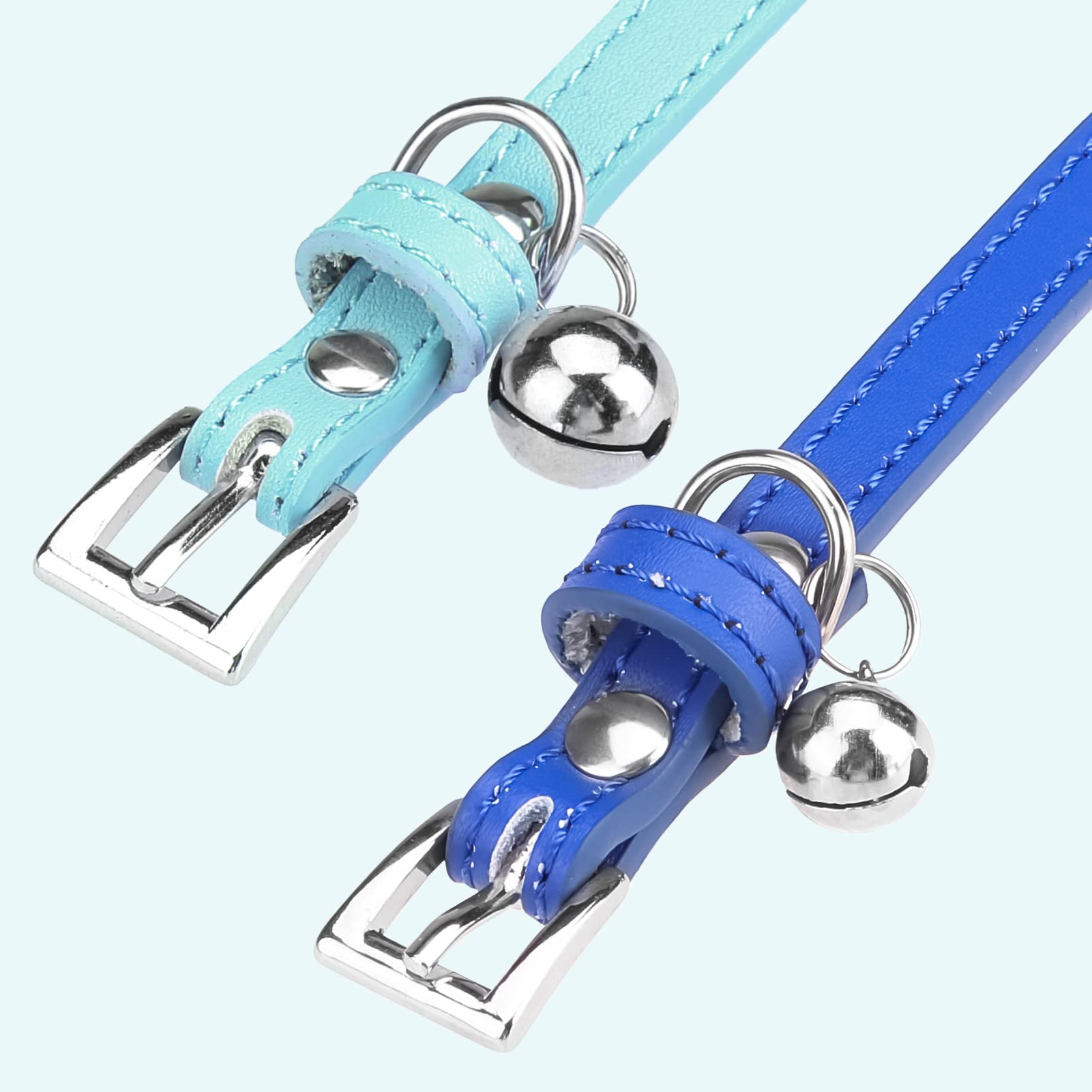 Pupteck 2 Pcs Soft Leather Cat Kitten Collar With Bells Adjustable For Girl Boy Cats Puppy - Pale Turquoise, Navy Blue