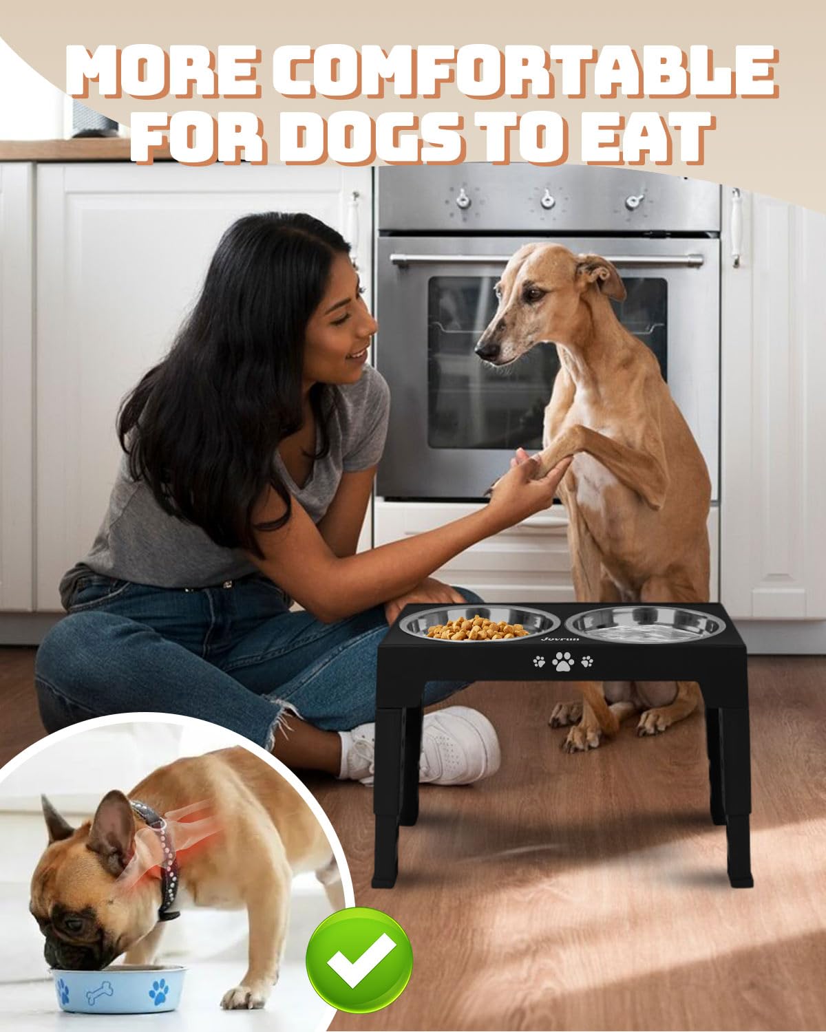 Jovrun Elevated Dog Bowls - Adjustable Stand, 2 Stainless Steel Dishes & 1 Slow Feeder, Black, For Medium Large Dogs