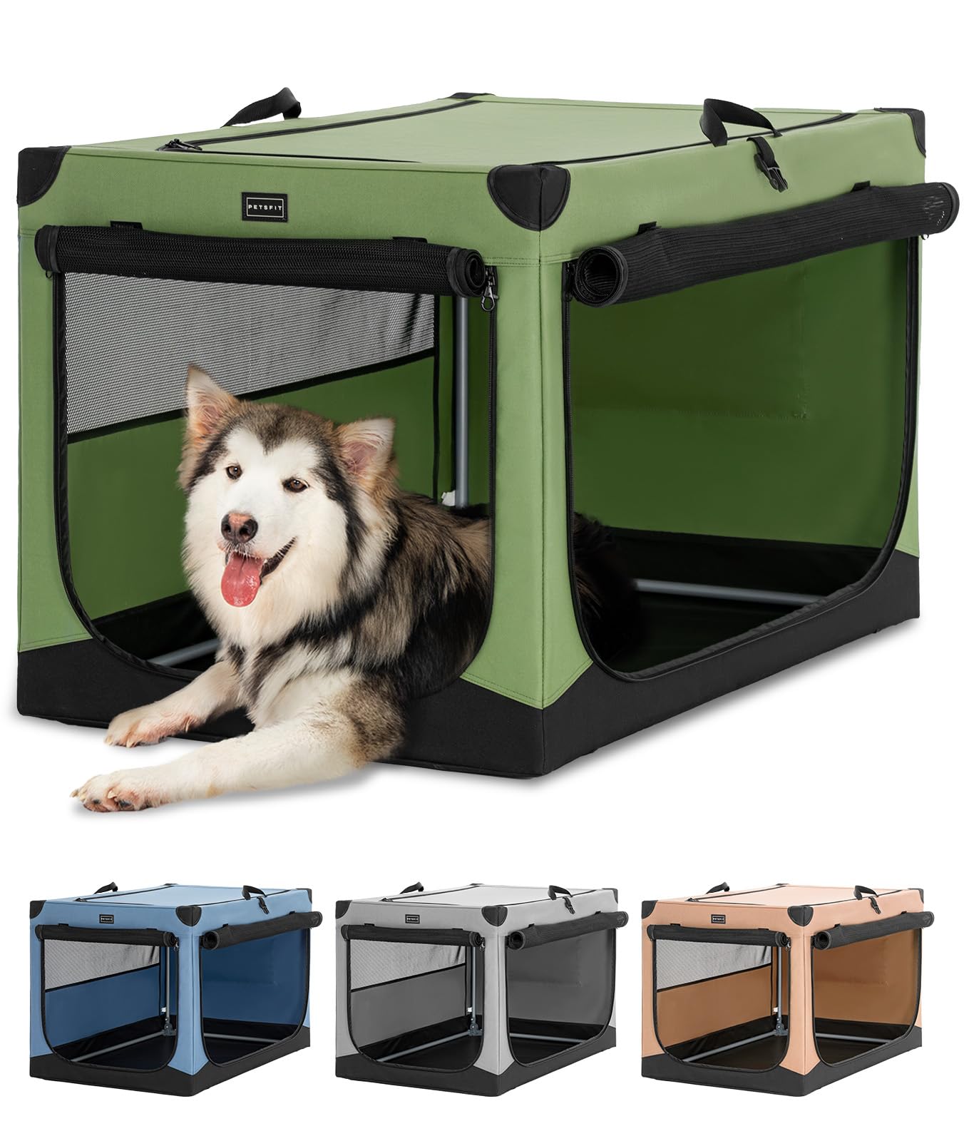 Petsfit 39.5 Inch Collapsible Dog Crate, Adjustable Fabric Cover By Spiral Iron Pipe, Chew Proof 3 Door Design, Soft Sided Dog K