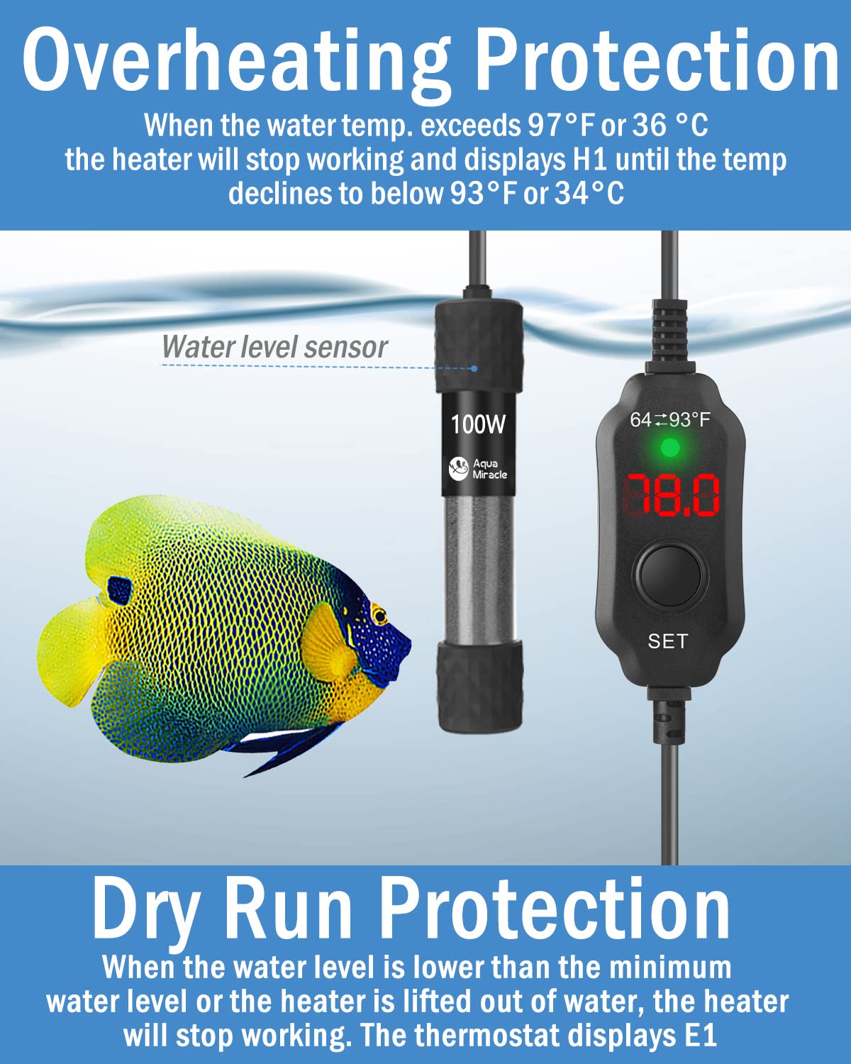 AquaMiracle Adjustable 100W Submersible Aquarium Heater with LED Display for 10-20 Gallon Fish Tanks