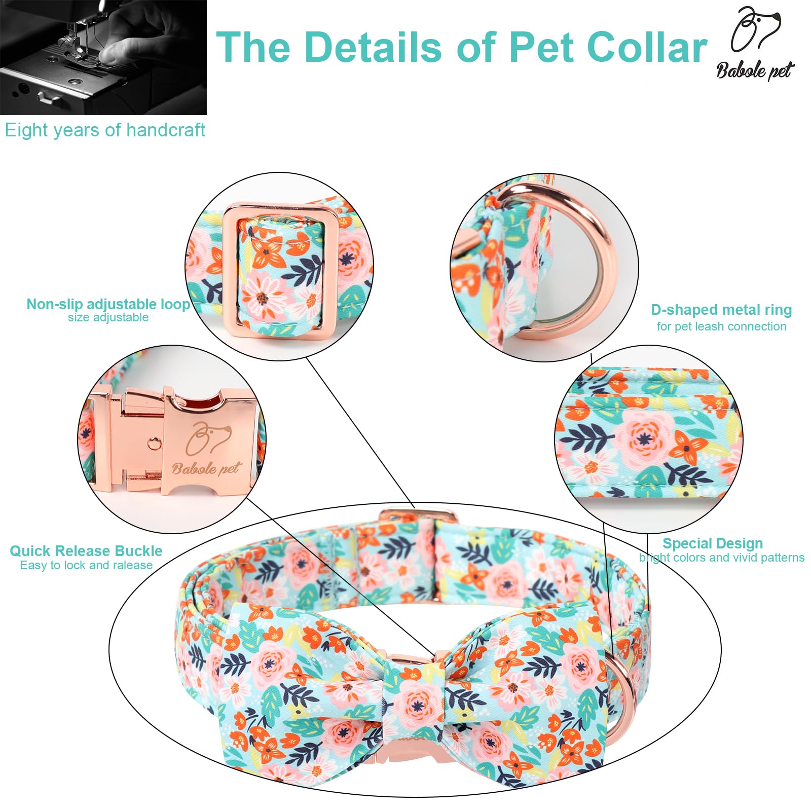Babole Pet Floral Dog Collar With Bow Tie - Adjustable Light Blue Flower Bowtie Collar Breathable Comfort Spring-Summer Dog Coll