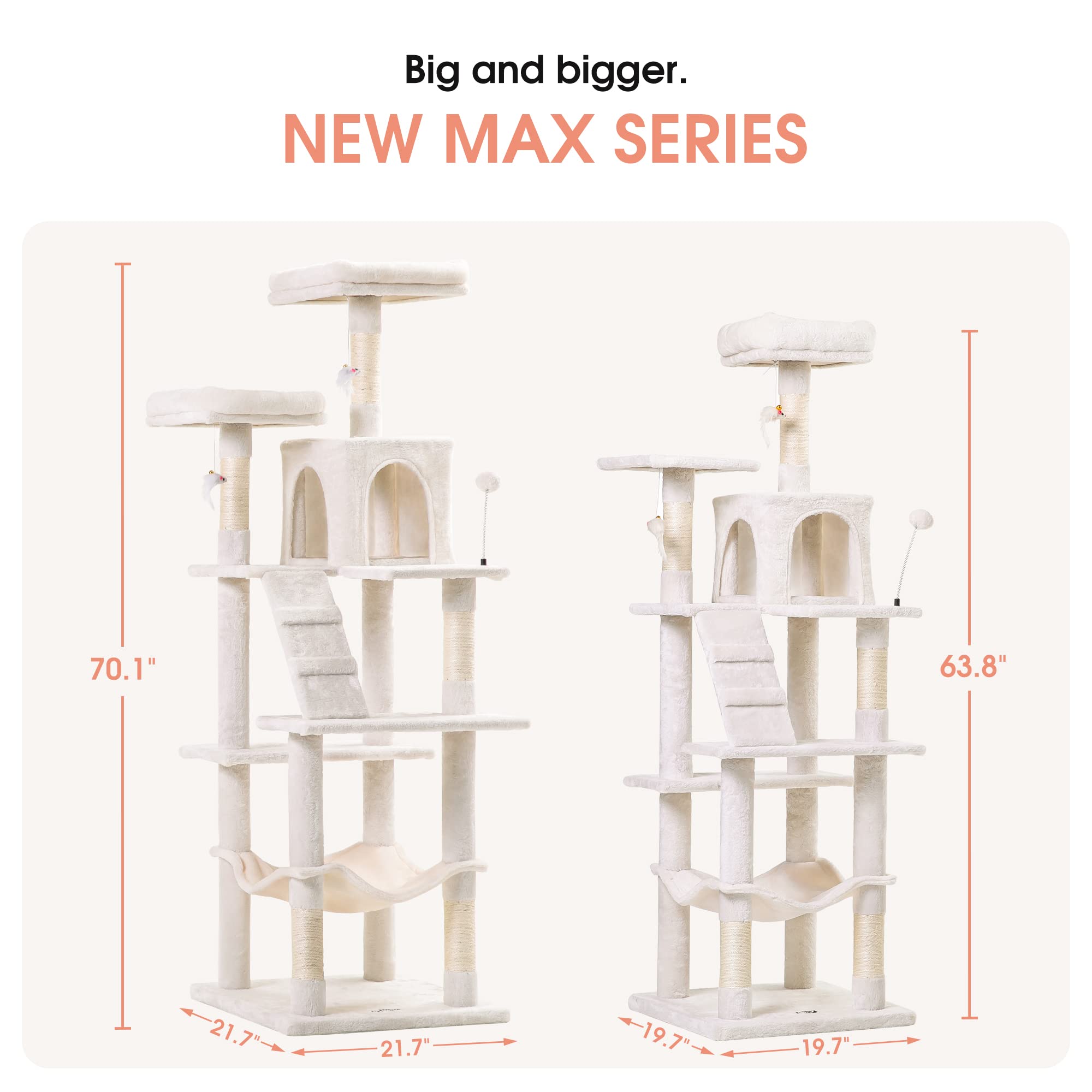 Mwpo 70.1-Inch Large Cat Tree, Multi-Level Tall Cat Tower For Indoor Cats, Plush Cat Condo With Big Padded Perches, Sisal-Covered Scratching Posts, Hammock, Toys For Kittens & Cats - Beige