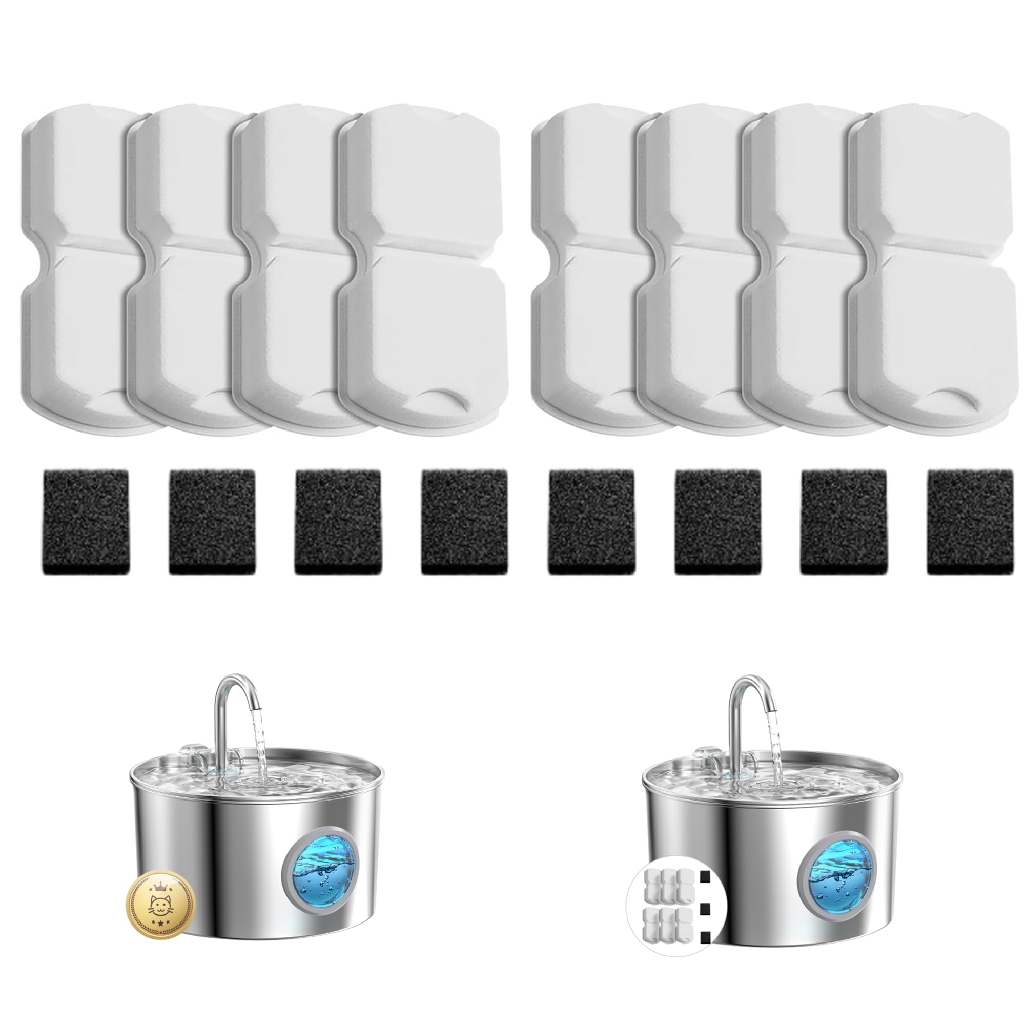 GIOTOHUN Cat Fountain Filters - 16 Pack (8 Carbon & 8 Foam) for S11 Stainless Steel Fountain