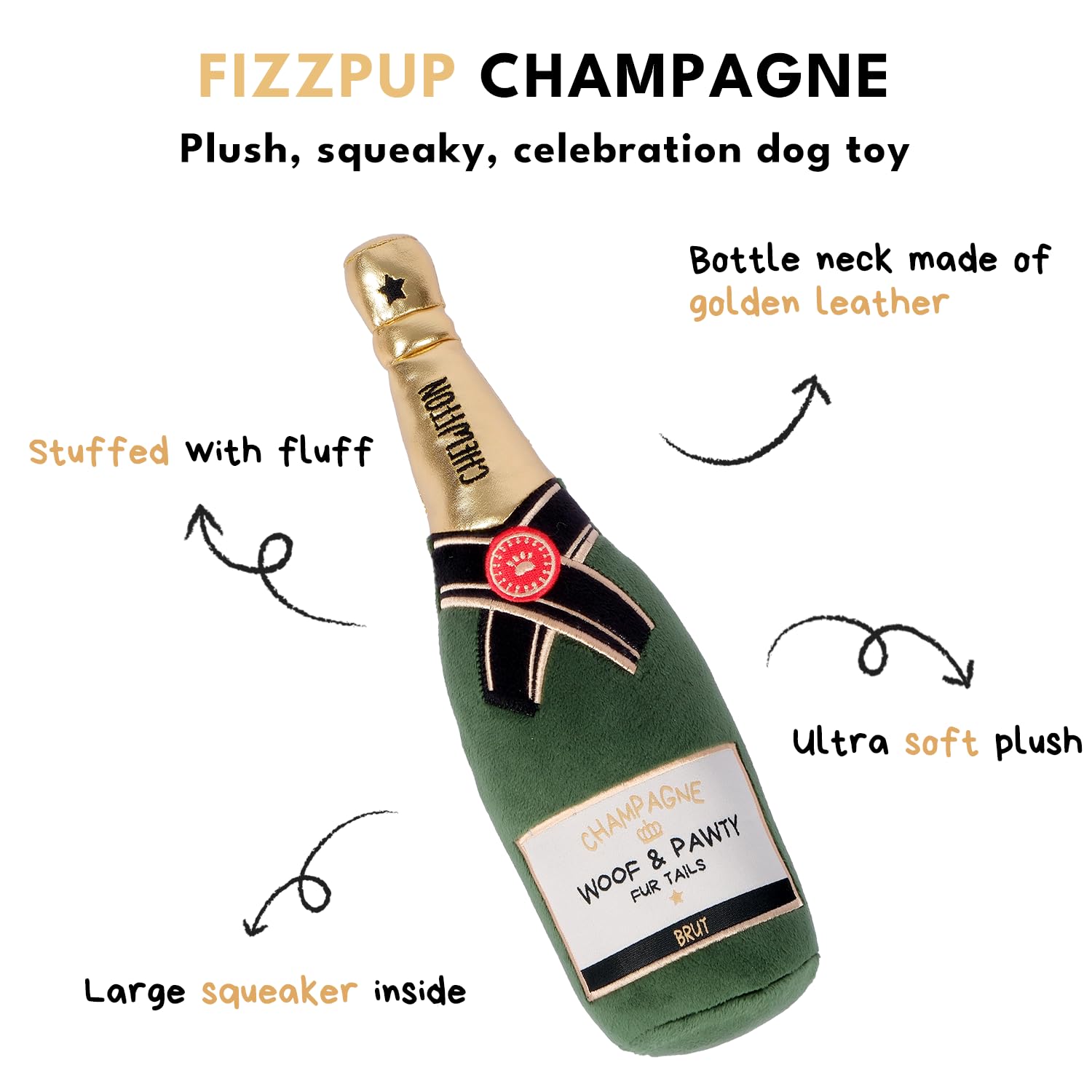 CHEWFFON Dog Toy - Squeaky Plush Champagne Shape Interactive Toy for All Breeds, Green, Model CF-CP-GREEN