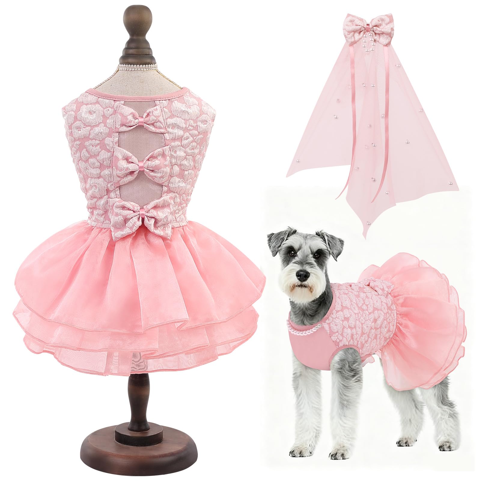 ASENKU Dog Dress, Dog Wedding Dress, Pet Lace Princess Dress with Bows for Wedding Birthday Party, Puppy Formal Apparel with Pea