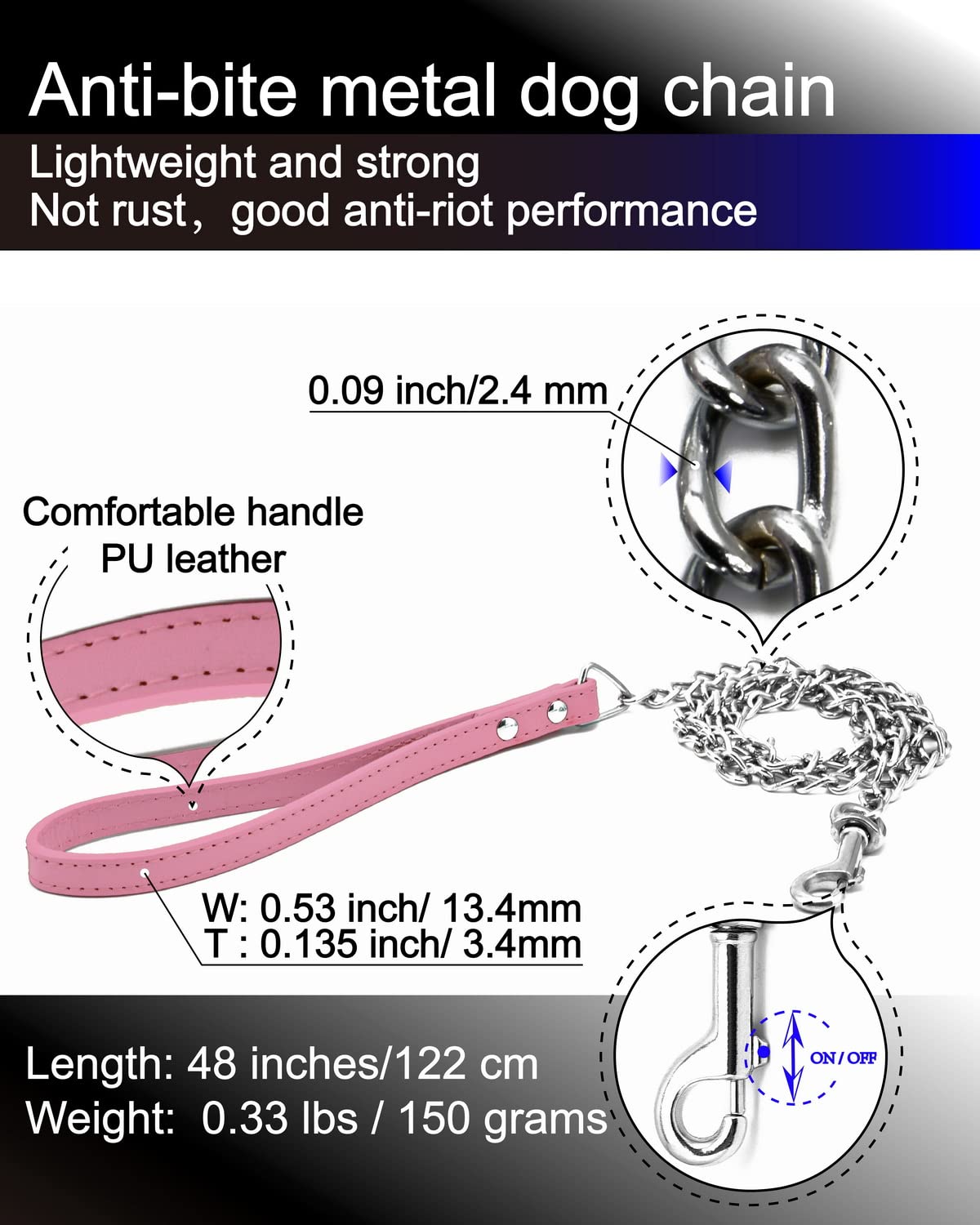 Goliton Dog Leash, Metal Pet Leash With Comfortable Pu Leather Handle For Small And Medium Size Dogs 4 Ft (Pink)