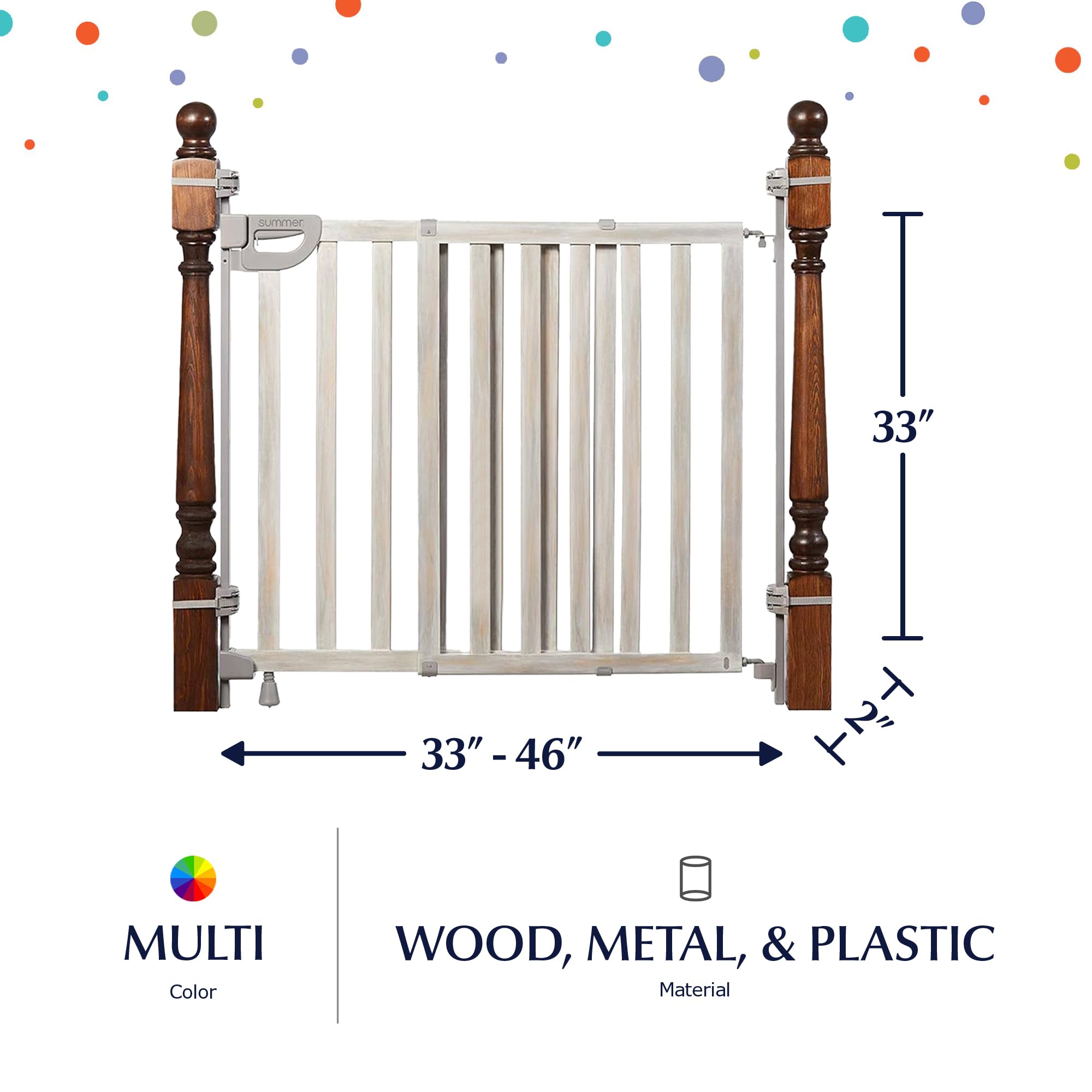 Summer Infant Banister And Stair Wood Safety Gate With Extra Wide Door Design And Comfort Grip Handle For Easy One Handed Release, Multicolor