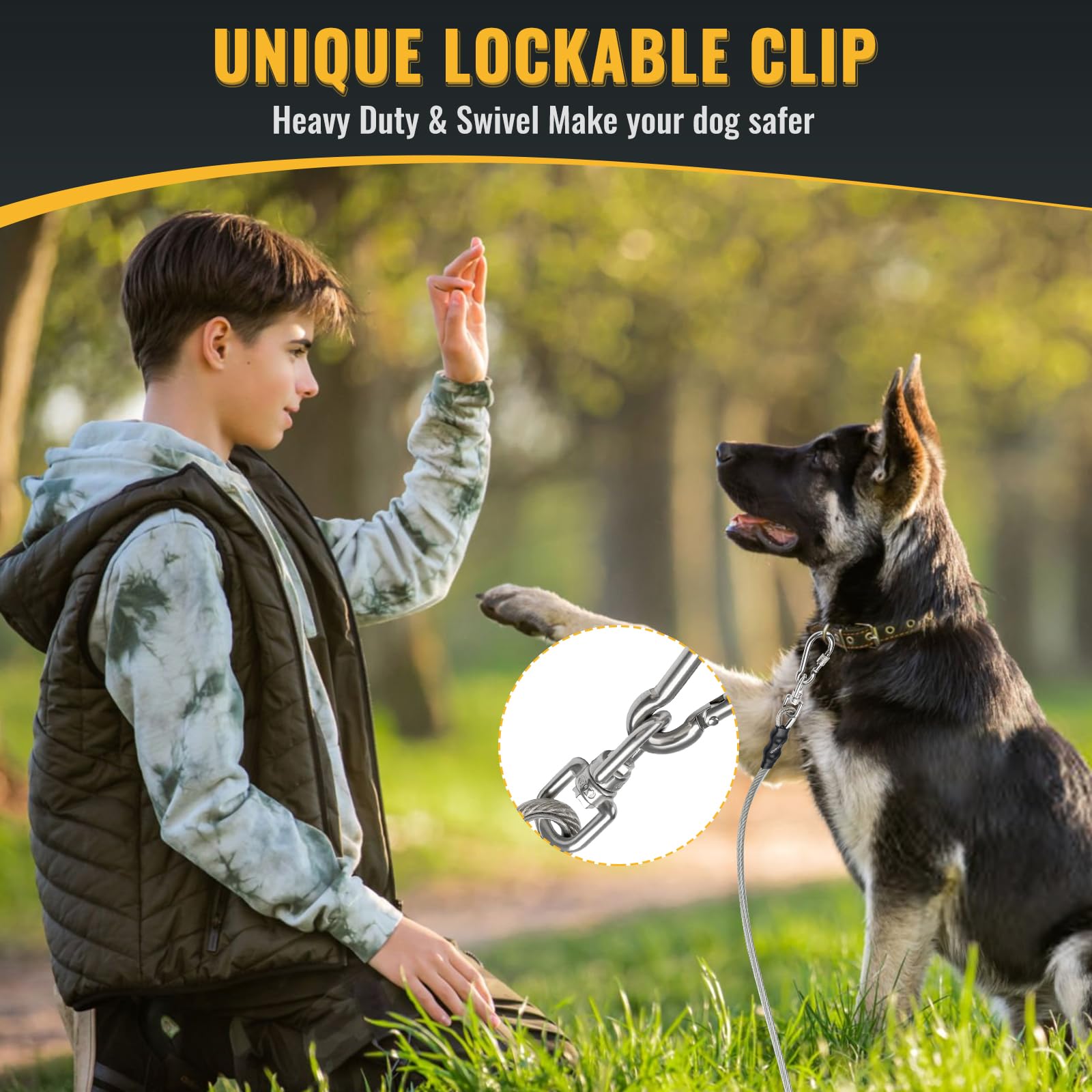 Ojomow Heavy Duty Dog Tie Out Cable For Stake, Anti-Rusty Long Dog Leash For Large Dogs - Actual 2000Lbs Break Strength (30Ft)