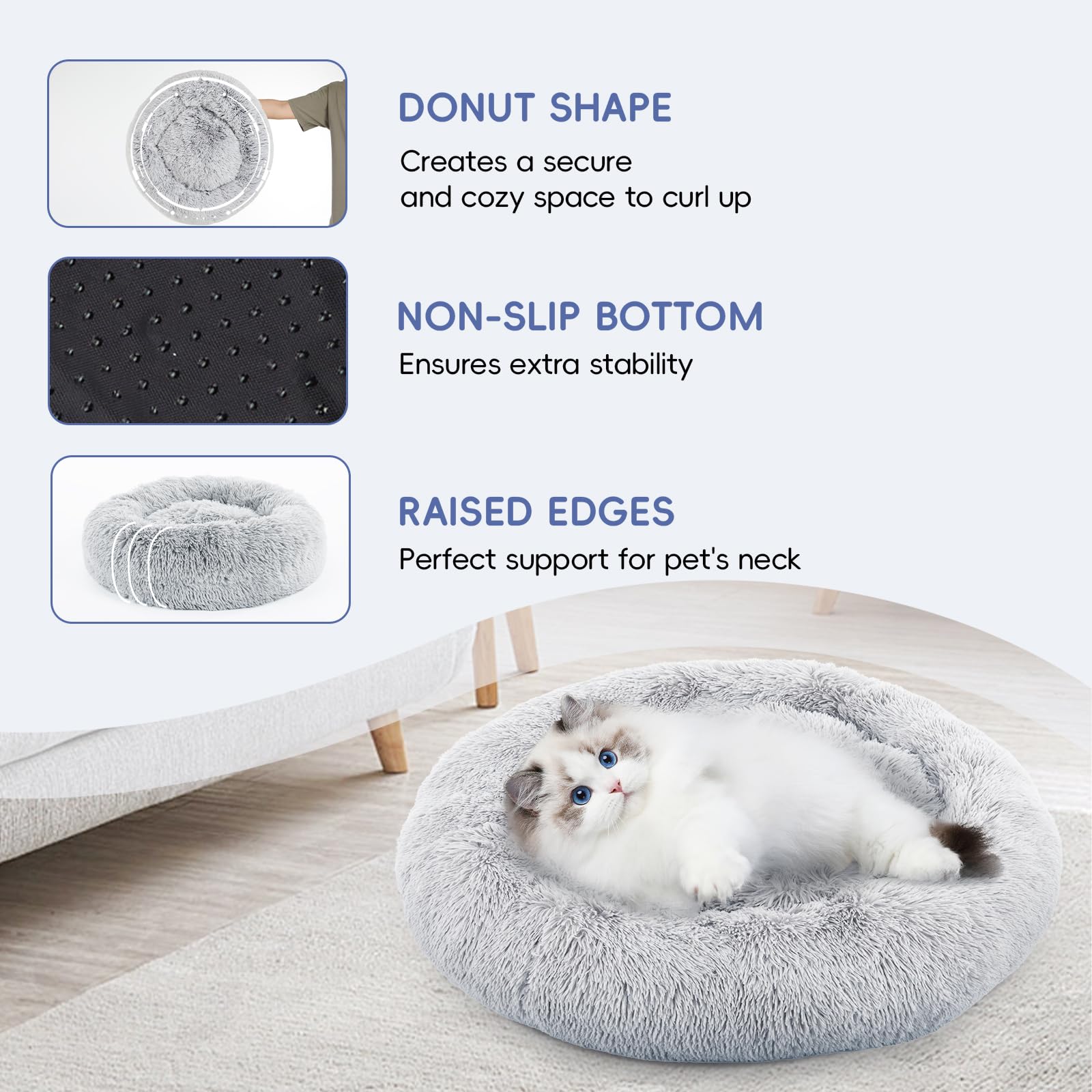 Fluffydream 30 Inch Donut Bed - Calming Dog Bed, Plush Washable, Grey