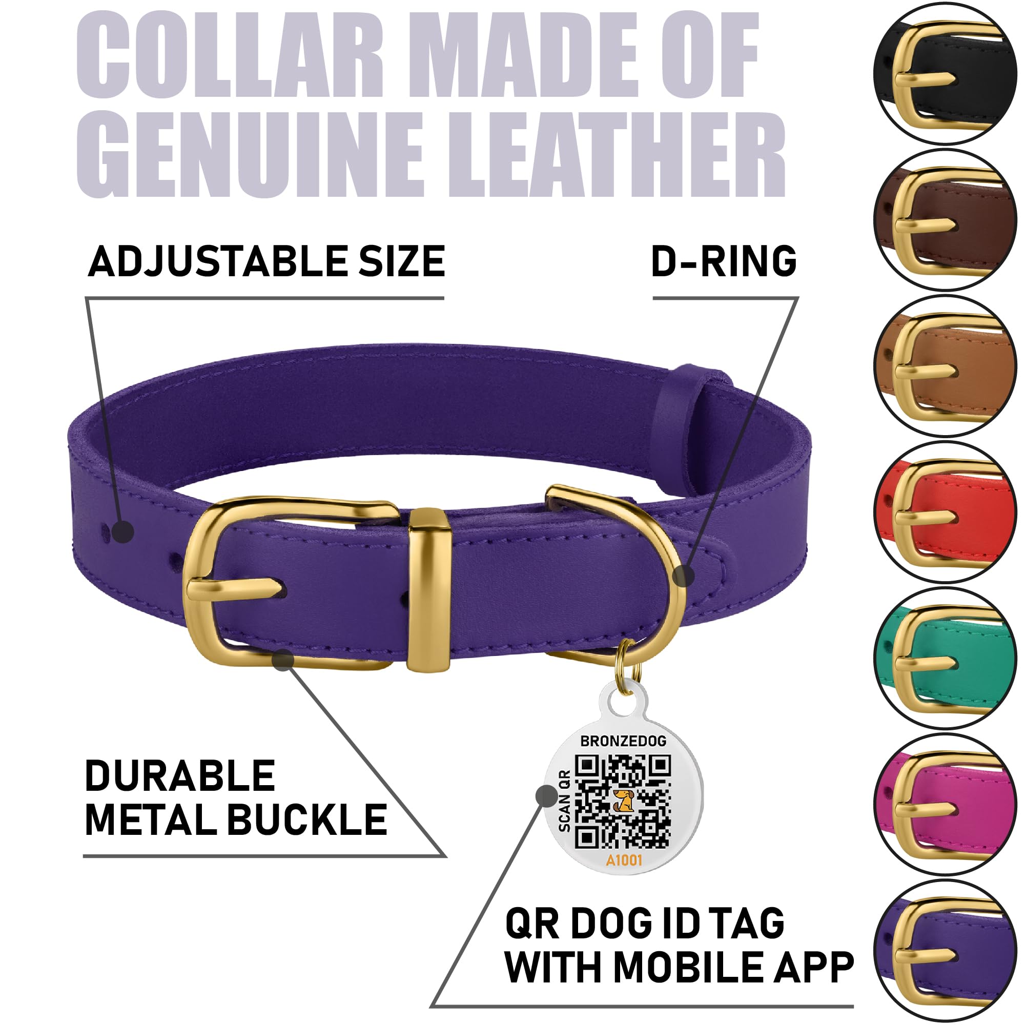 Bronzedog Leather Dog Collar With Metal Buckle Durable Basic Pet Collars For Small Medium Large Dogs (19-21 Inch (Pack Of 1), Purple & Gold Buckle)