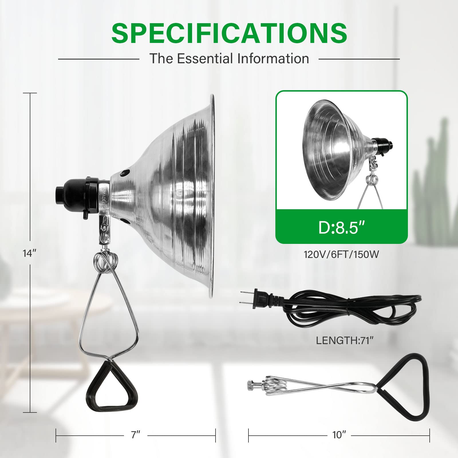 Simple Deluxe Clamp Lamp Light With 8.5 Inch Aluminum Reflector Up To 150 Watt E26 (No Bulb Included) 6 Feet 18/2 Spt-2 Cord, 4-