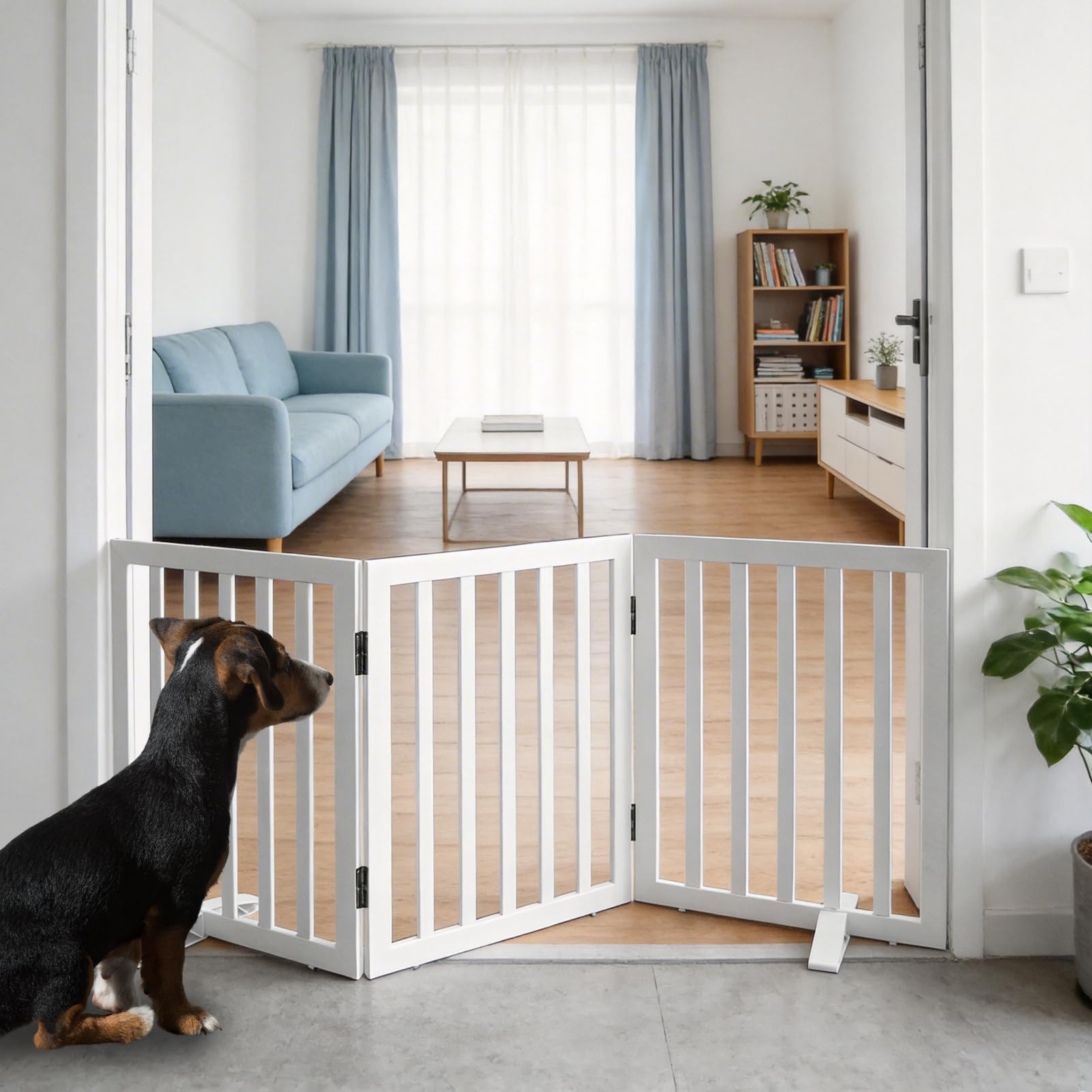 ZJSF Freestanding Indoor Dog Gate for House Foldable Wood White Puppy Gate for Doorways Pet Gate for Stairs Extra Wide Pet Fence