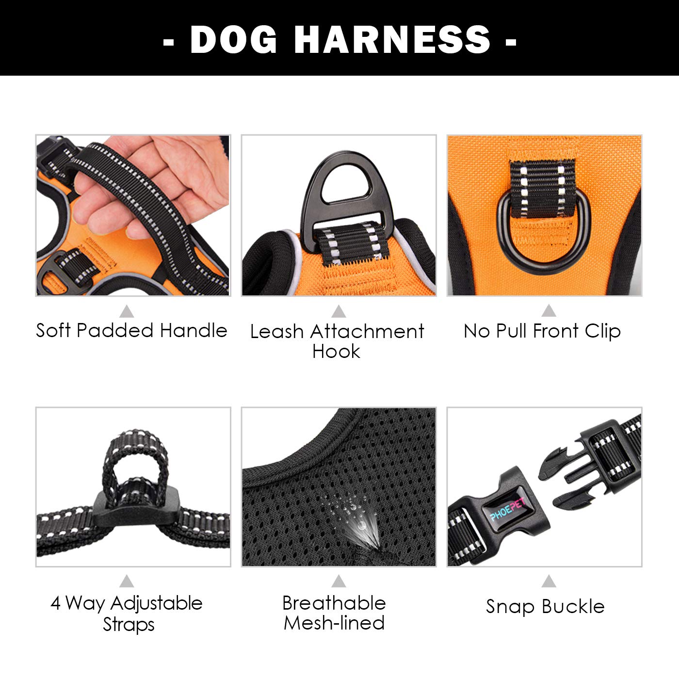 Phoepet Reflective Dog Harness Large Breed Adjustable No Pull Vest With With Handle 2 Metal Rings 3 Buckles [Easy To Put On & Take Off](L, Orange)