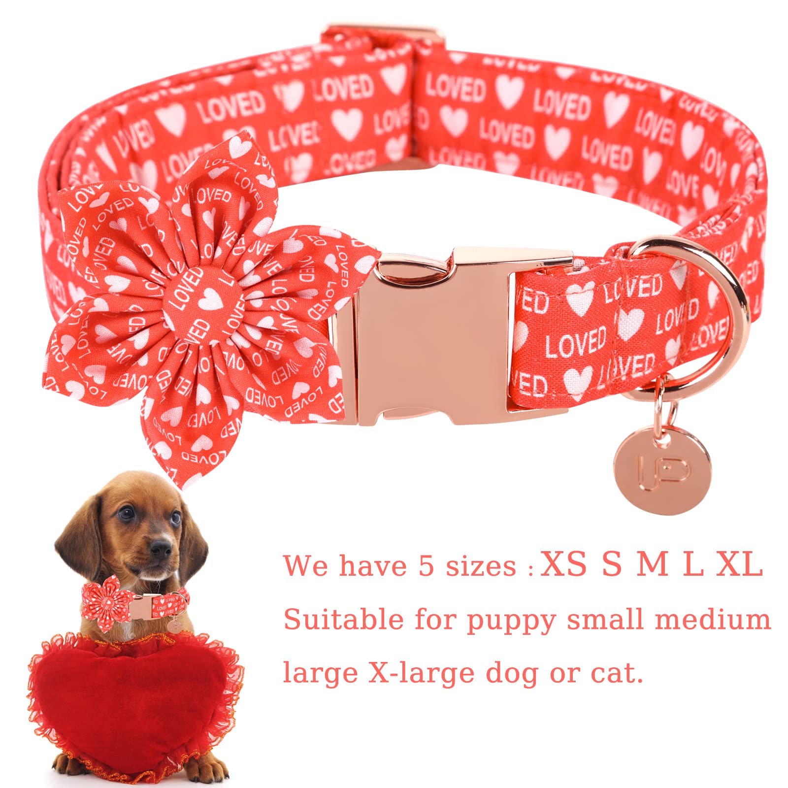 Up Urara Pup Valentine’S Day Dog Collar With Flower, Valentine Flower Collar With Metal Buckle, Valentine’S Day Gift Pet Collar For Medium Girl Dog, Wedding Dog Collar, Red, M, Neck 13.5-22In