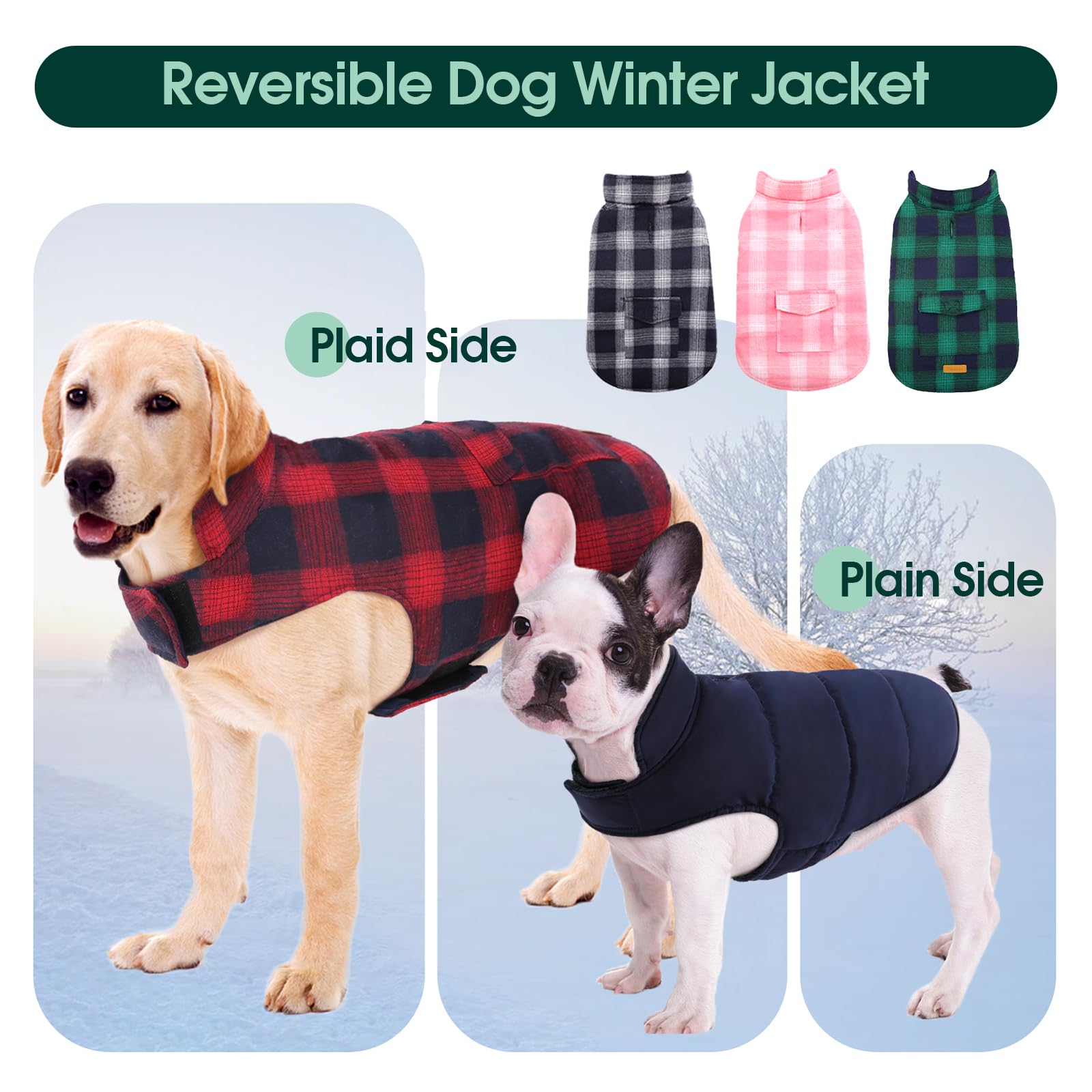 Kuoser Reversible Winter Coat, British Style Jacket For Small Medium And Large Dogs - Warm Windproof Puppy Cold Weather Clothes