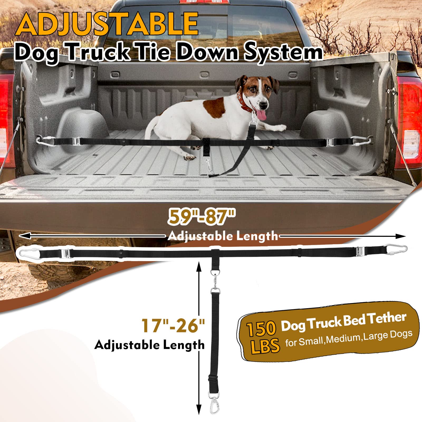 Truck Bed Dog Leash System, Dog Pickup Tether Tie Down, Dog Car Harness Belt Heavy Duty, Pick-Up Restraint Lead Adjustable, Dog Truck Leash For Dogs Up To 150Lbs, Dog Truck Bed Barrier Tie Down Out