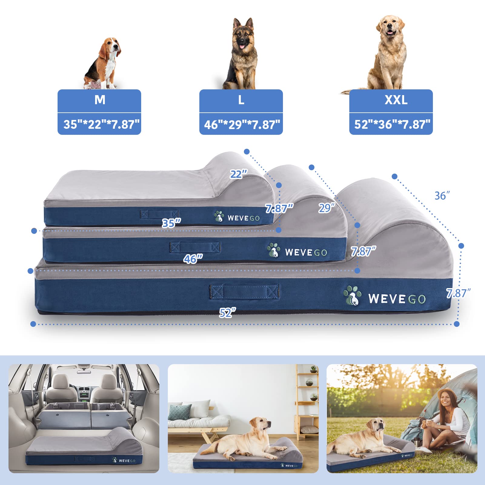 Wevego Dog Bed, Large Dog Bed With Pillow, Thicken Gel Memory Foam Flannel Fabrice Dog Bed, Durable Waterproof Liner & Removable Washable Cover With Non-Slip Bottom, Sizes Medium Blue