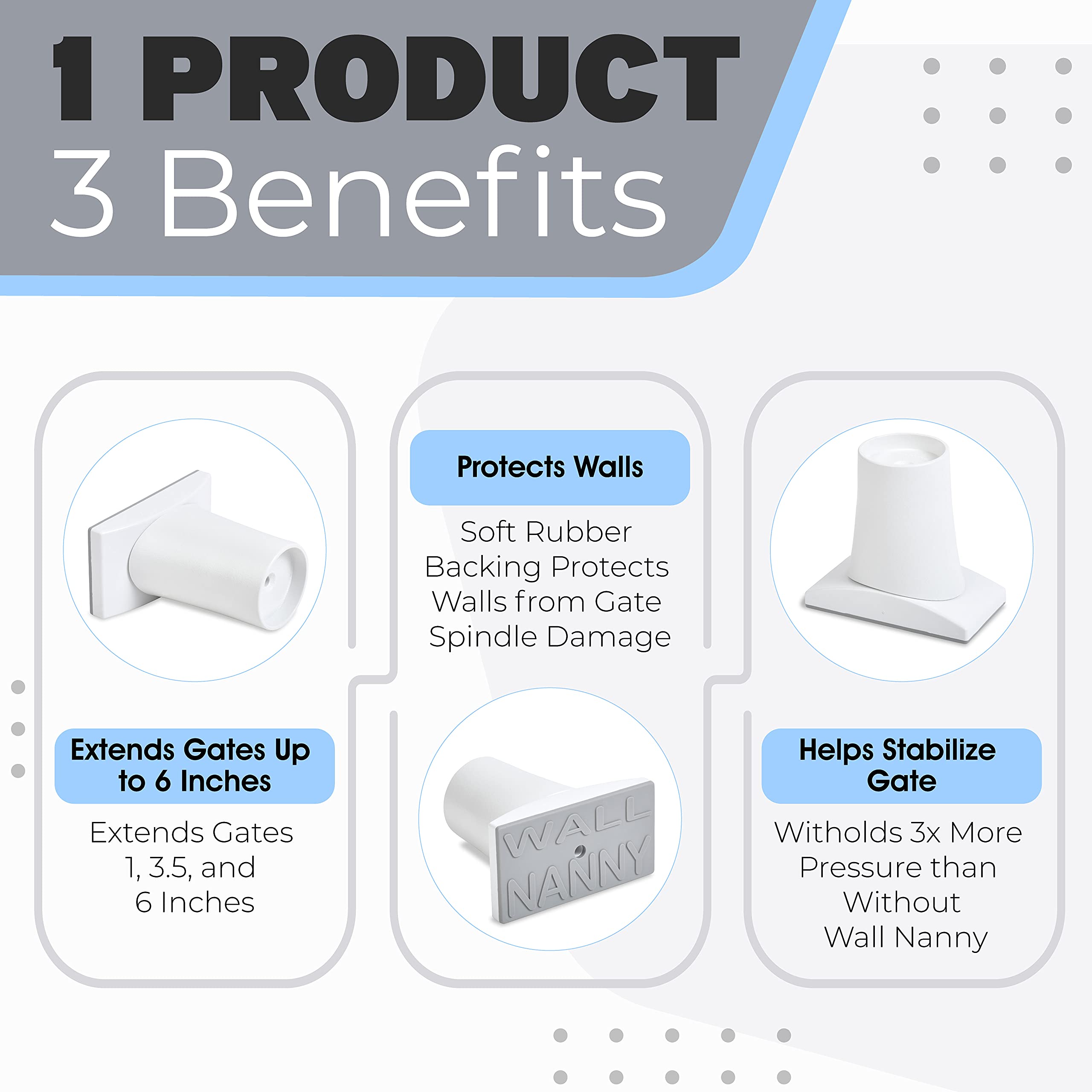 Wall Nanny 6 Inch Baby Gate Extension - White Metal Wall Protector for Child & Pet Gates, Pressure Mounted, 4 Pack