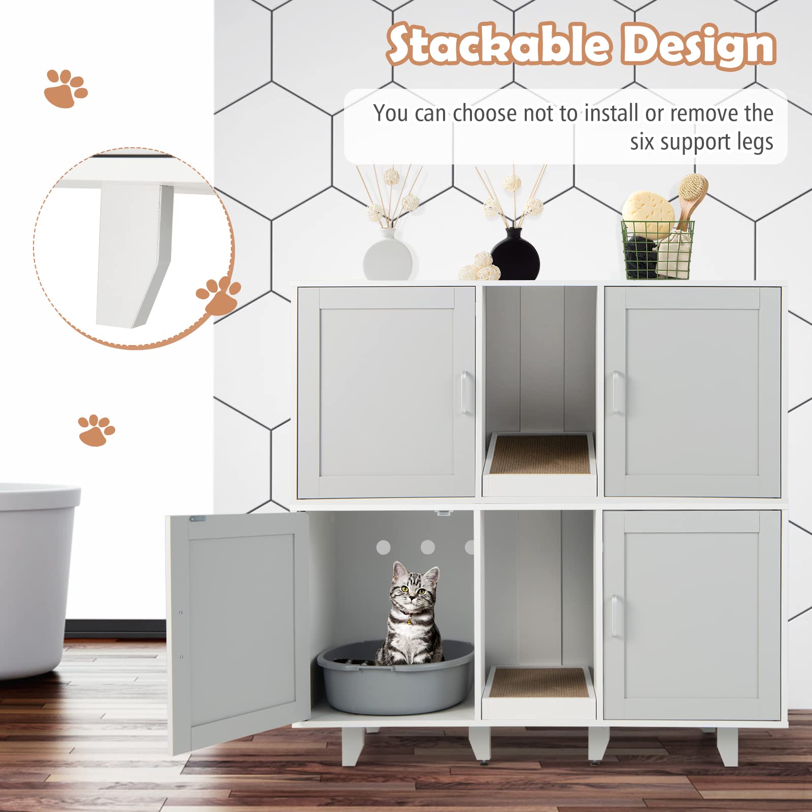 Petsite Litter Box Enclosure For 2 Litter Boxes, Hidden Cat Washroom Tv Stand End Table With 2 Cabinet, Scratching Board, Indoor Cat Litter Furniture Grey