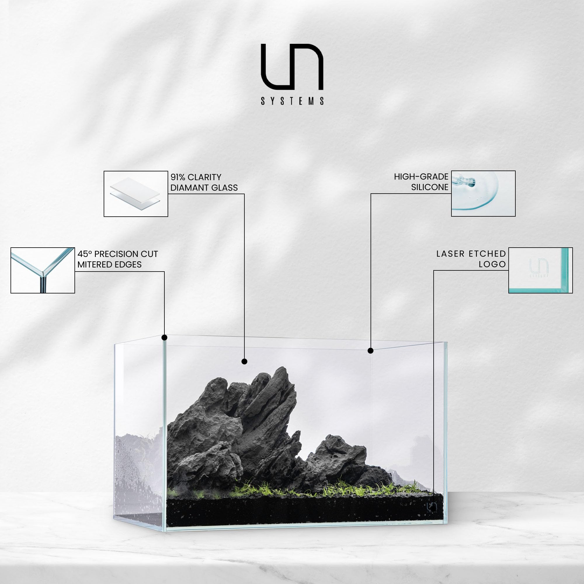 Ultum Nature Systems Ultra Clear Rimless Aquarium - Low Iron Glass Fish Tank With 45 Mitered Edges, 5Mm-15Mm Thick, Leveling Mat