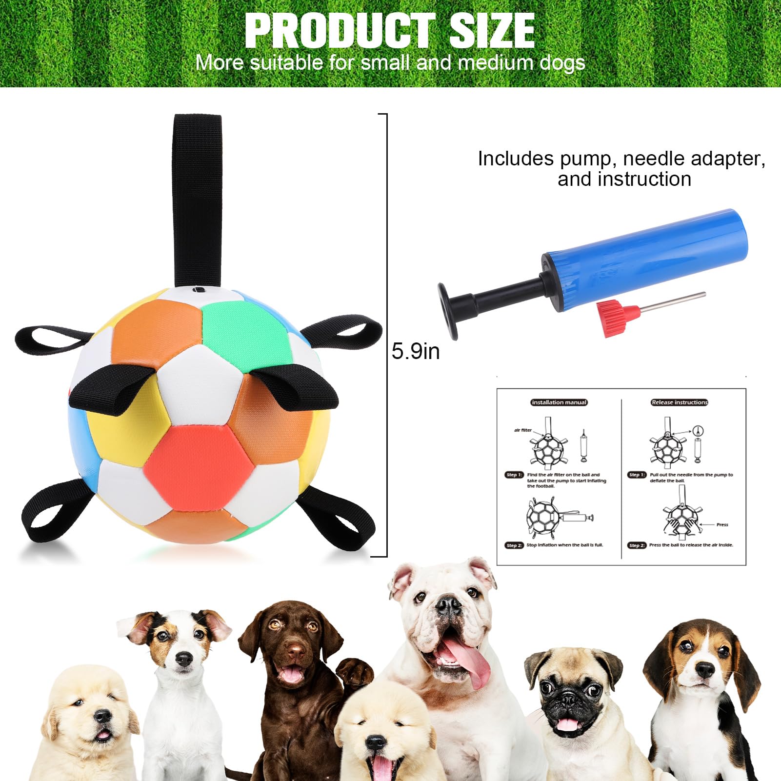 Bingpet Dog Toys Soccer Ball,Interactive Dog Toys Ball For Tug Of War,Outdoor Dog Soccer Ball With Straps,Dog Water Toy,Puppy Bi