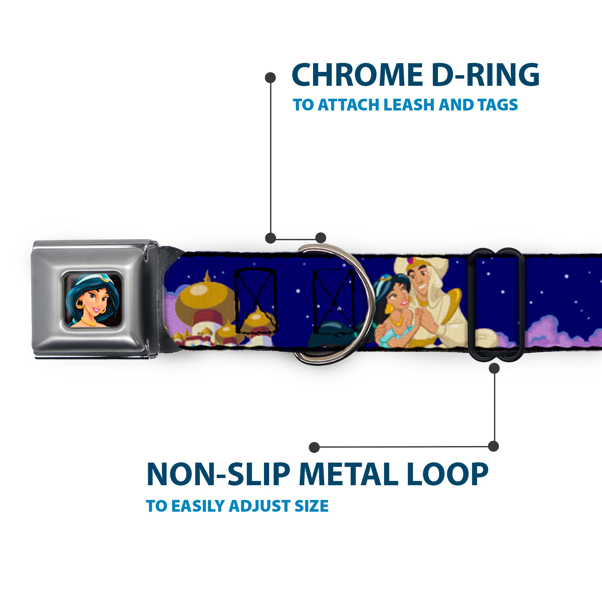 Buckle-Down Seatbelt Buckle Dog Collar - Aladdin & Jasmine Magic Carpet Ride Scenes - 1.5'' Wide - Fits 13-18'' Neck - Small