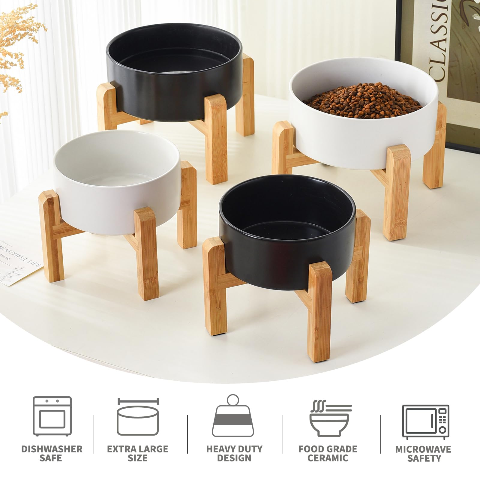Welloyed 6 Ceramic Raised Dog Bowl - 30Oz Dog Food & Water Bowl with Elevated Non-Slip Bamboo Stand, Dishwasher & Microwave Sa