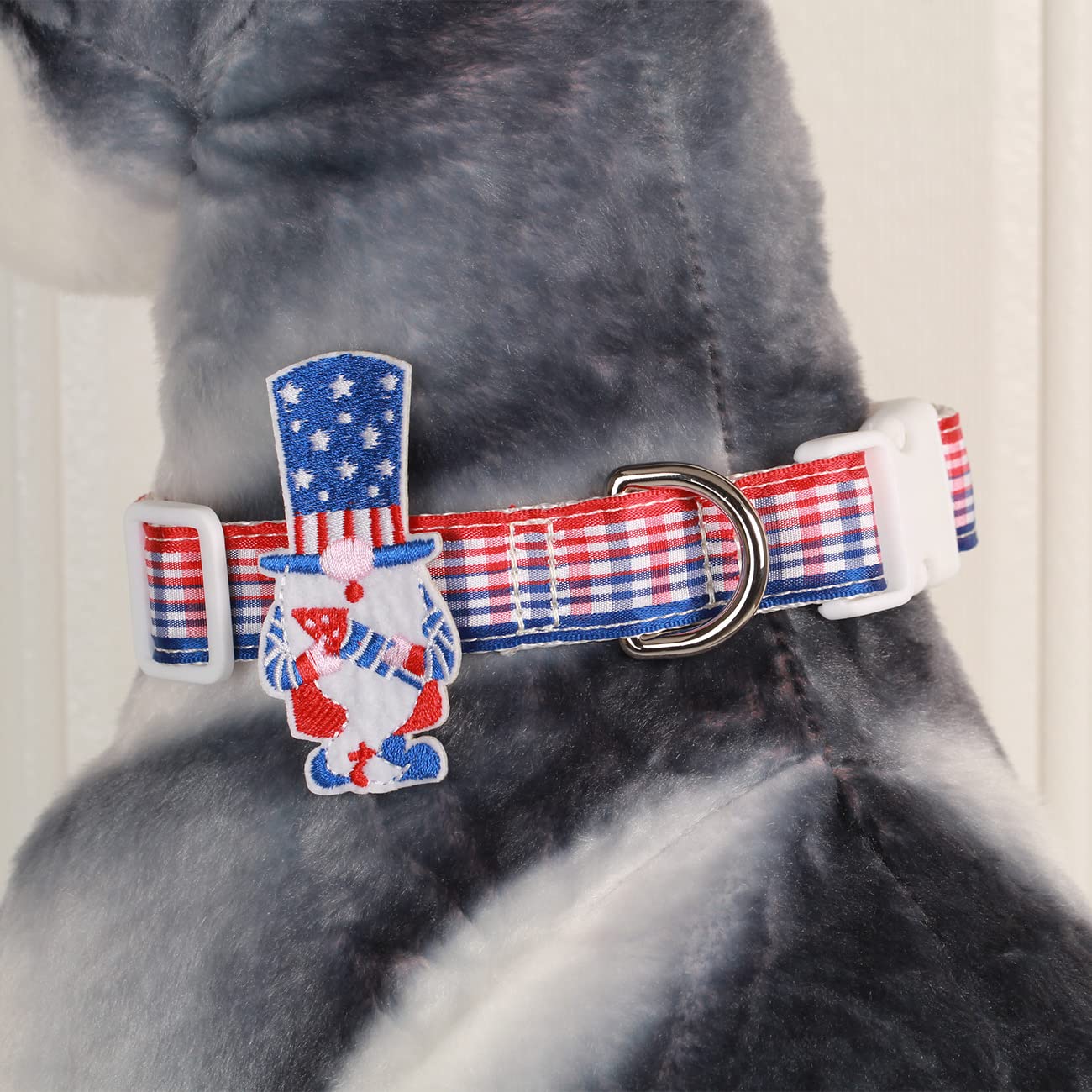 Holiday Winter Dog Collars With Cute American Flag Gonk Gnome Decor,Red White And Blue Plaid,4Th Of July Dog Collar For Medium L