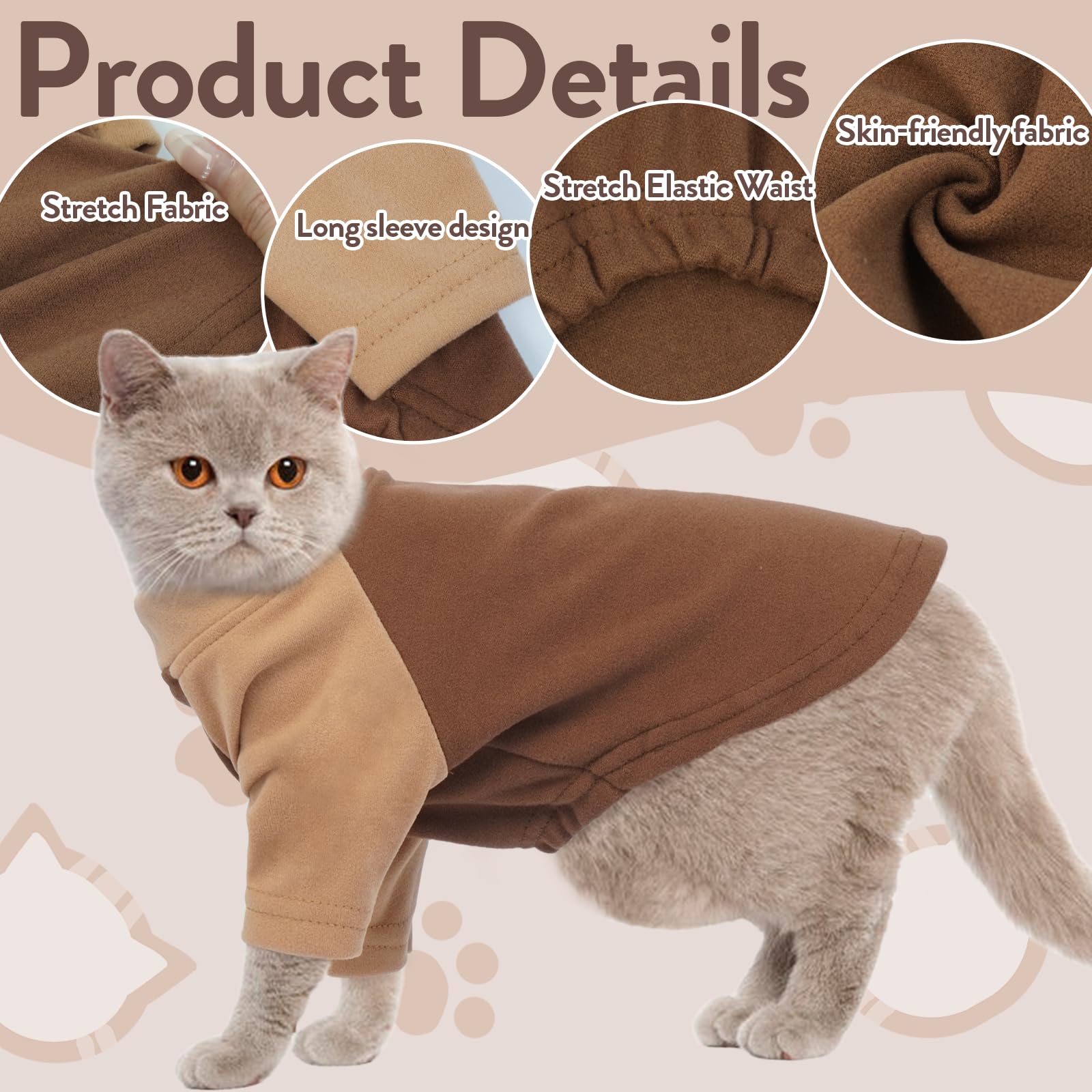 T'Chaque Cat Pajamas - Soft Cat Clothes& Shirts & Pajamas With Sleeves, Stretchy Sweater, Pullover Kitten Clothes, Darkbrown, Sm