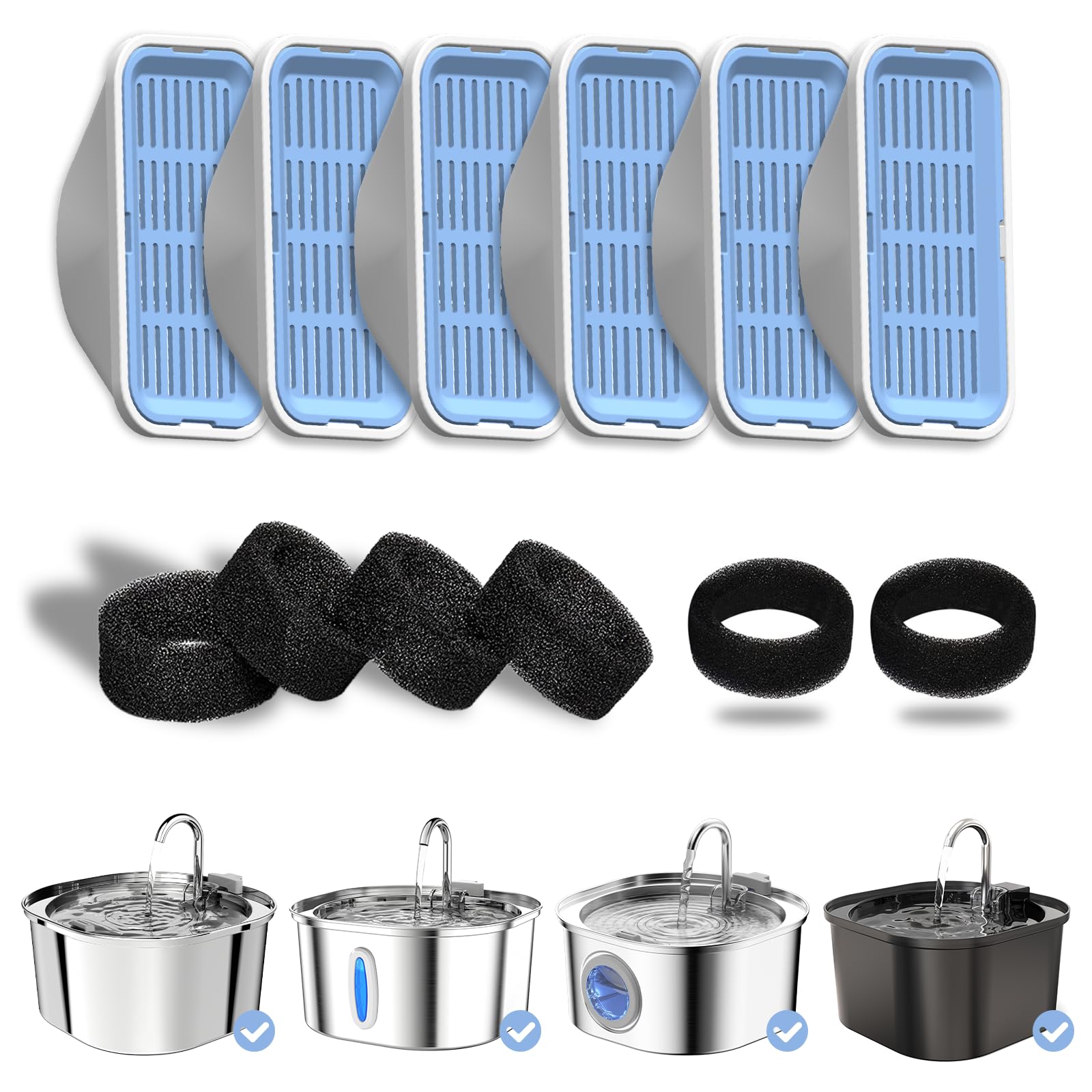 Pektaco Cat Water Fountain Filters Replacement & Pre-Filter Sponges For 3.2L/108Oz Automatic Pet Fountain, Dog Water Dispenser 6 Pack Filters & 6 Pre-Filter Sponges Foam Filters