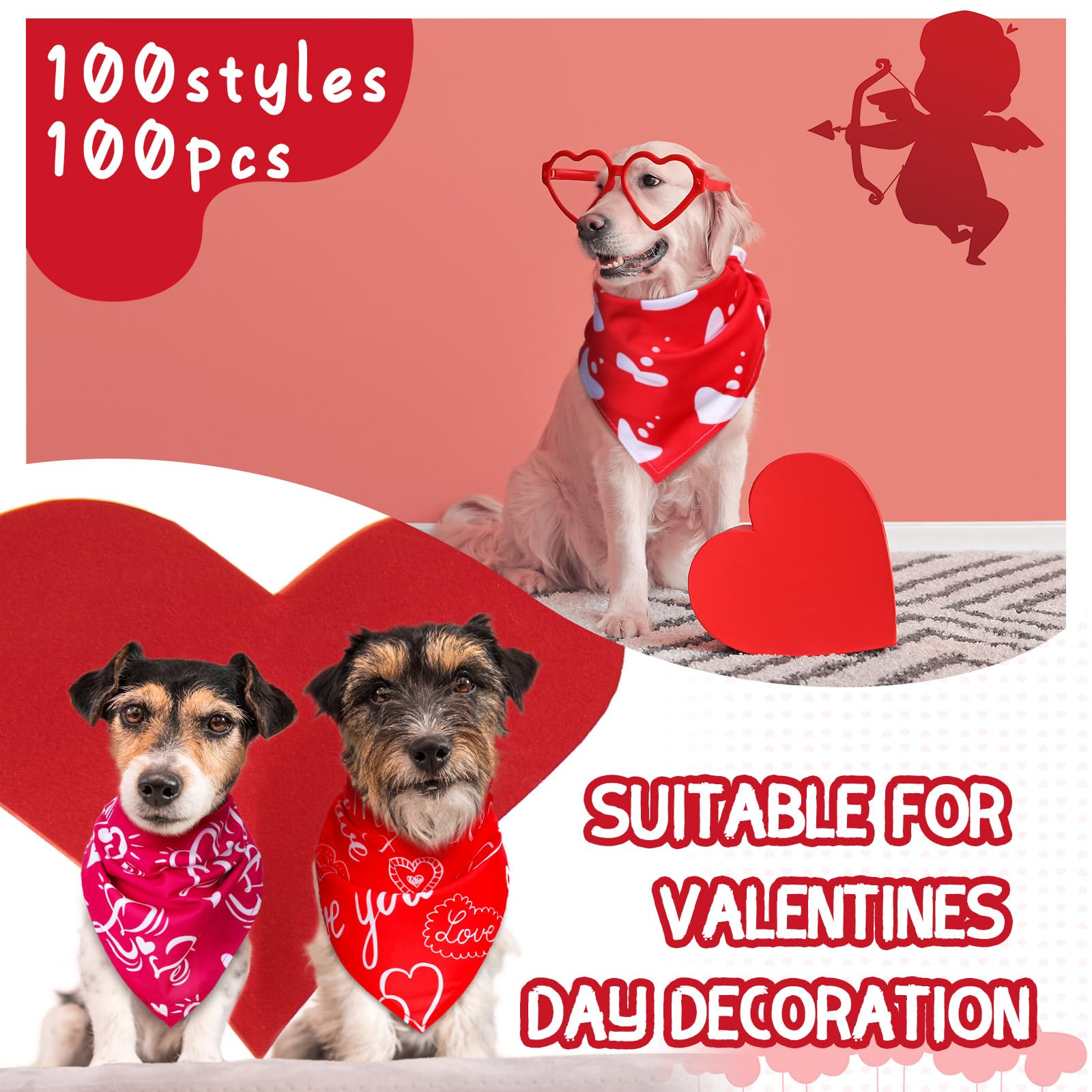 Huhumy 200 Pcs Valentines Day Dog Bandanas Pet Bandanas Bibs Bulk Love Valentines Triangle Pet Scarf For Medium Large Dog Valent