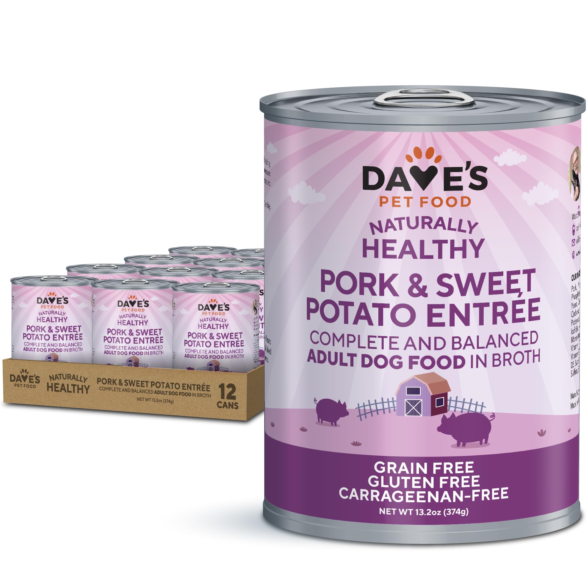 Daves Dog Food Grain Free Dog Food Wet (Pork & Sweet Potato in Broth), Made in Canada Naturally Healthy Canned Topper, Gluten Fr