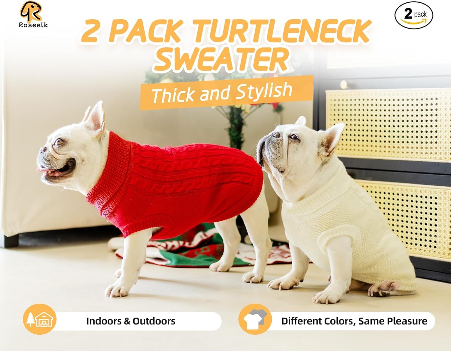 Roseelk 2 Pack Dog Sweaters For Small Dogs - Puppy Medium Warm Clothes In Winter, Turtleneck Pullover Design For Boy Girl Pet, Doggie, Cat, Kitten Chihuahua Bulldog Pug Beagles (2Xl, Red, Beige)