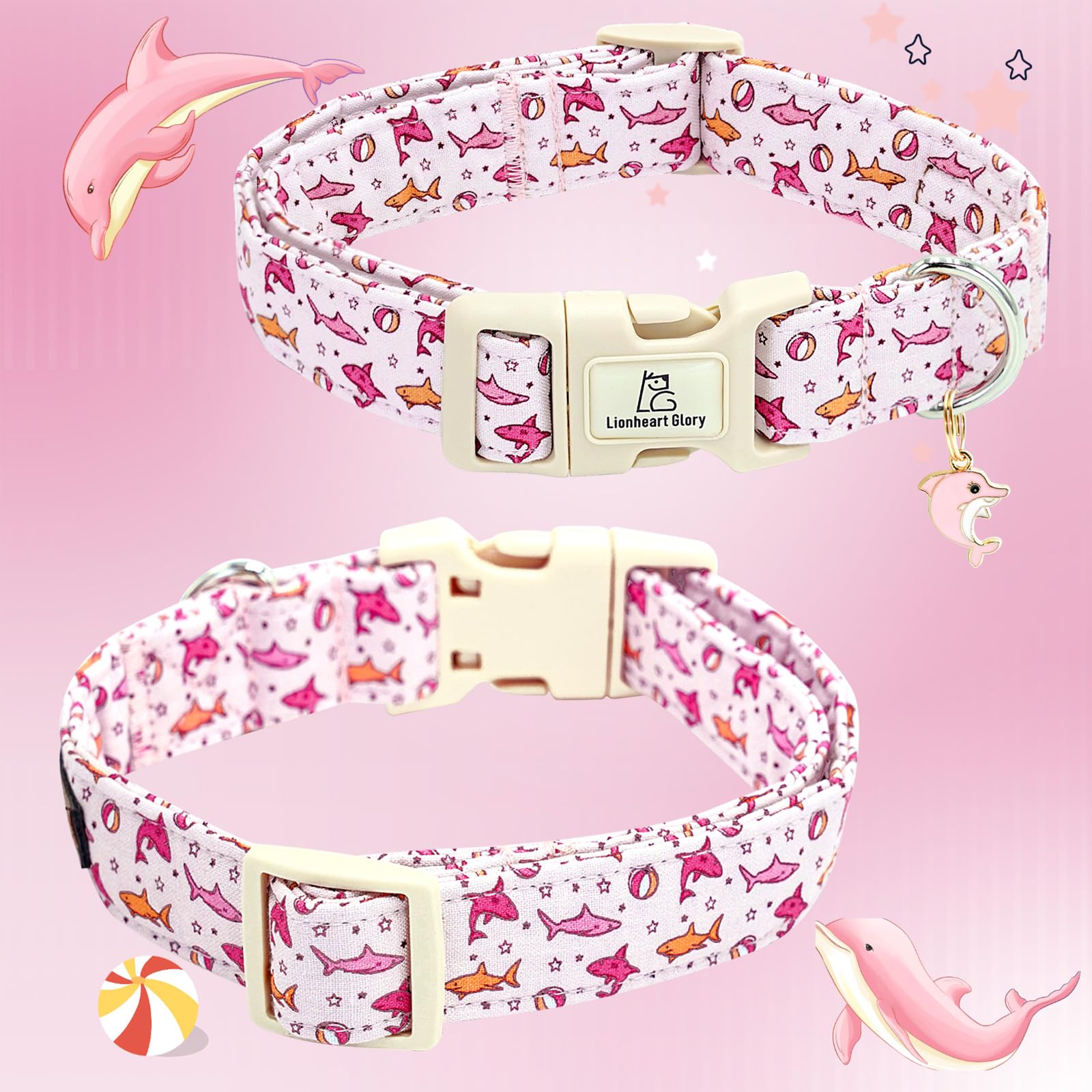 Lionheart Glory Pink Shark Pattern Cute Dog Collar - Adjustable, Durable For Small Dogs