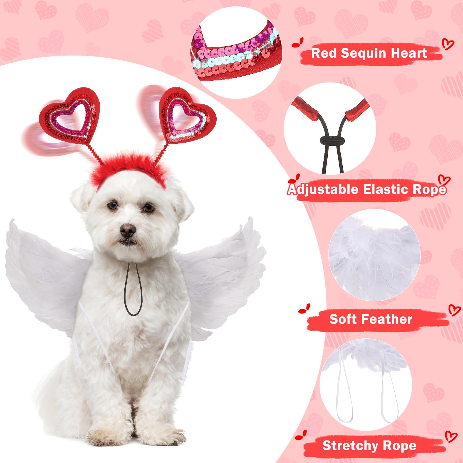 SCENEREAL Dog Outfit/Birthday Bandana with Feather Wing & Heart Headband Dogs Girls Set, Red Puppy Kitty Party Supplies for Smal