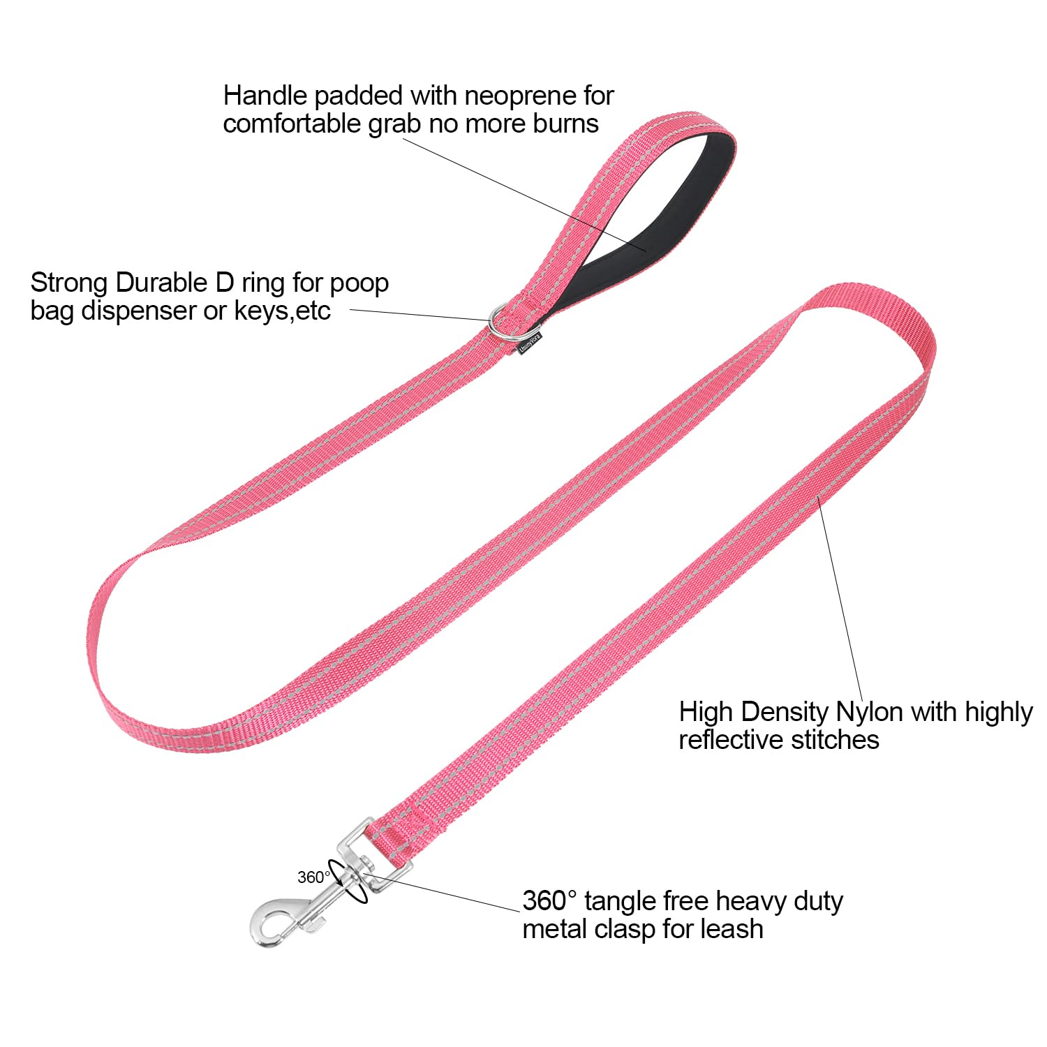 Usunyvora Reflective Nylon Dog Leash For Walking,Strong Dog Leash With Padded Handle For Medium And Large Dogs,4 Ft,Hot Pink