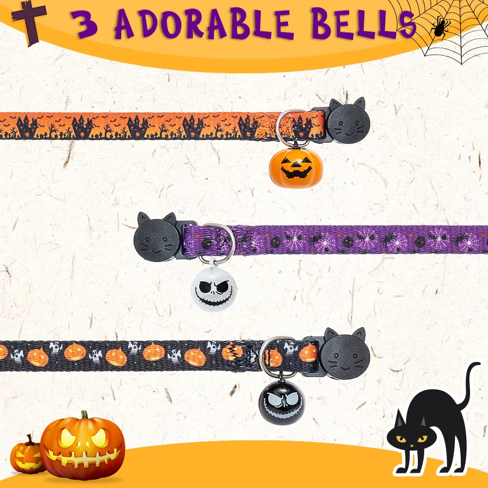 Kooltail Breakaway Cat Collar With Bells - 3 Pack Halloween Cat Collar With Pumpkin Ghost Patterns Safety Buckle Kitten Collars, Adjustable Cute Pet Collar For Boys And Girls Holiday Costume Orange