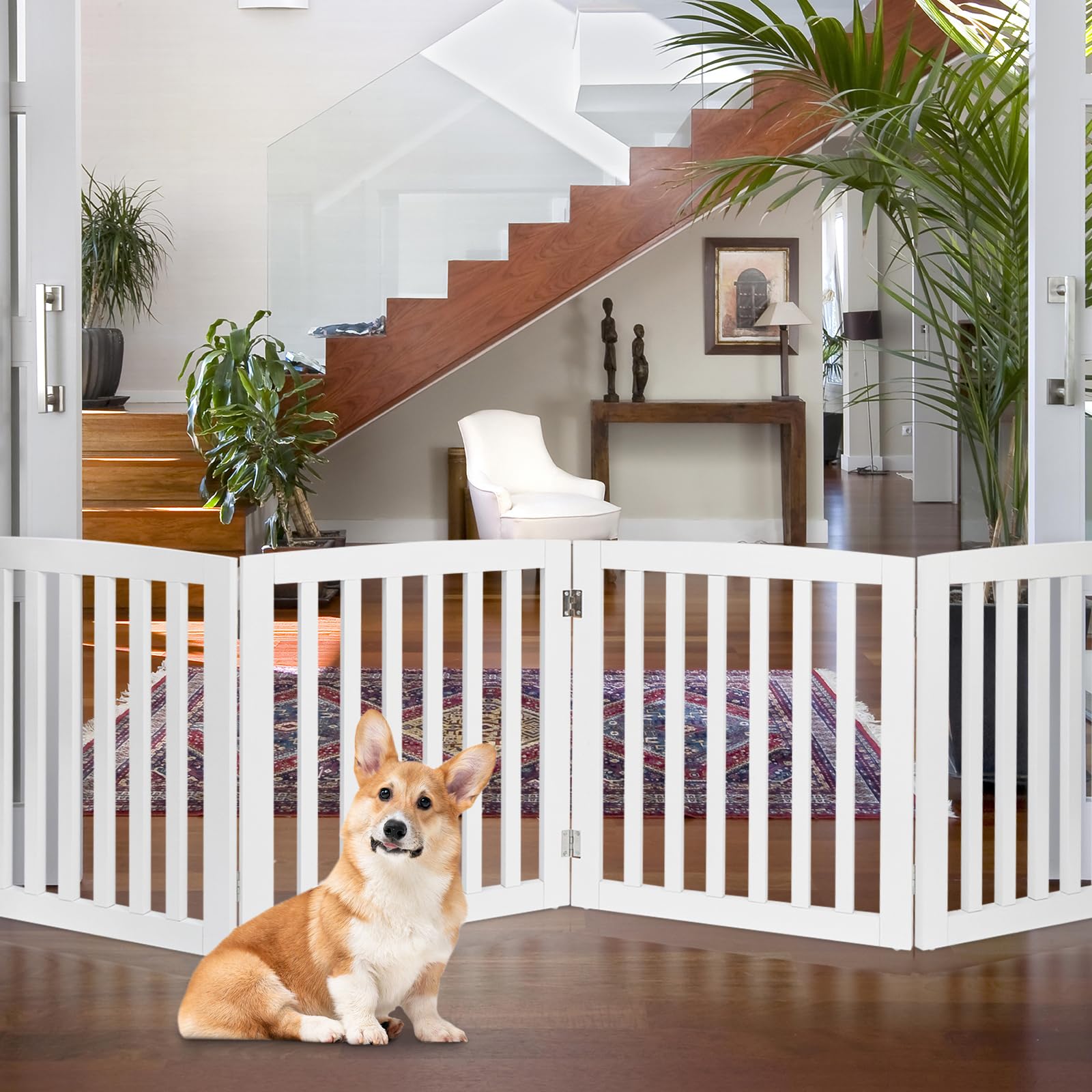 Epetlover Extra Wide Dog Gate 82 X 24 Inch Freestanding Indoor Pet Door For House Doorways Stairs Halls, Foldable Wood Safety Fence 4 Panels, White