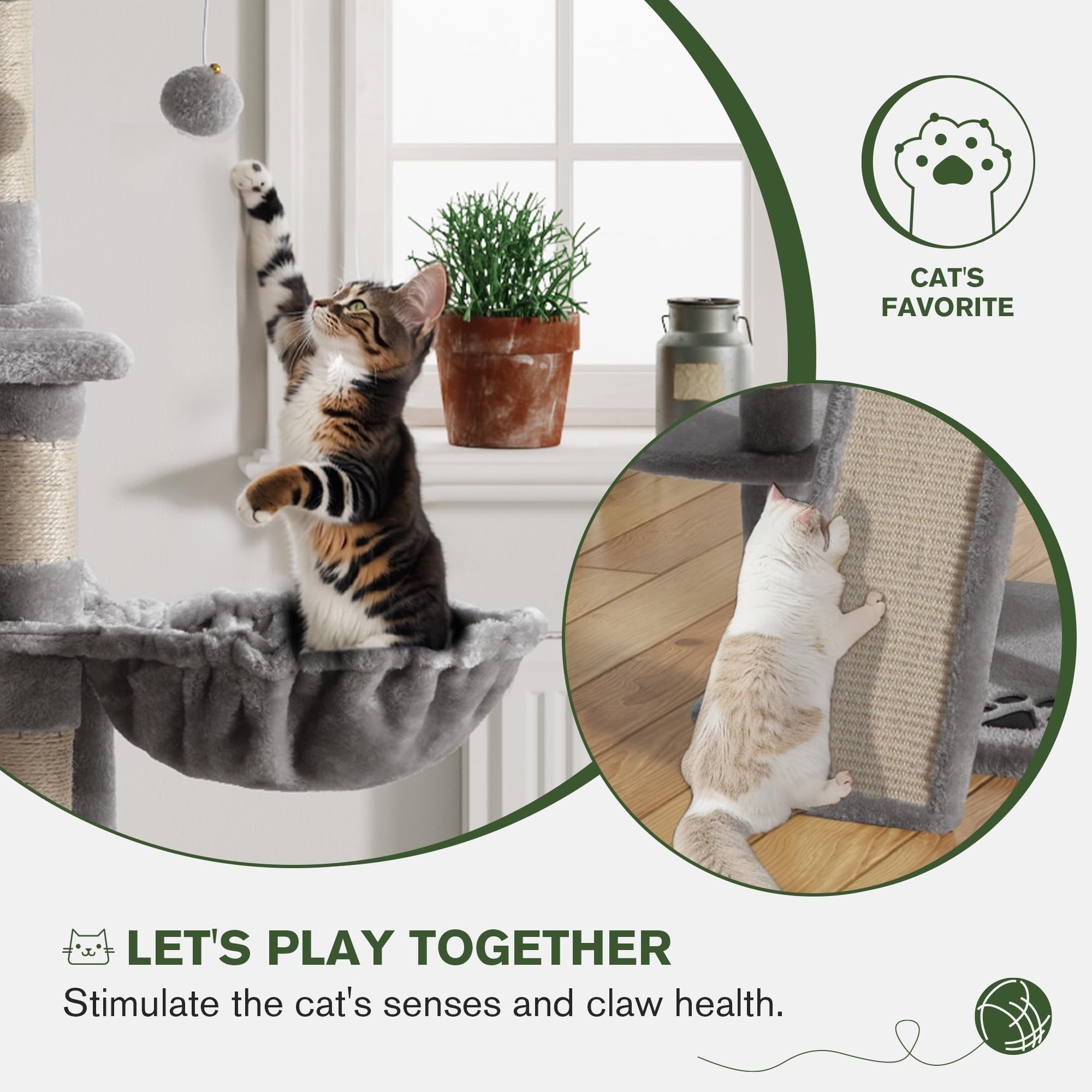 Imusee 68 Inches Multi-Level Cat Tree For Large Cats/Big Cat Tower With Cat Condo/Cozy Plush Perches/Sisal Scratching Posts And Hammocks/ Activity Center Play House/Grey