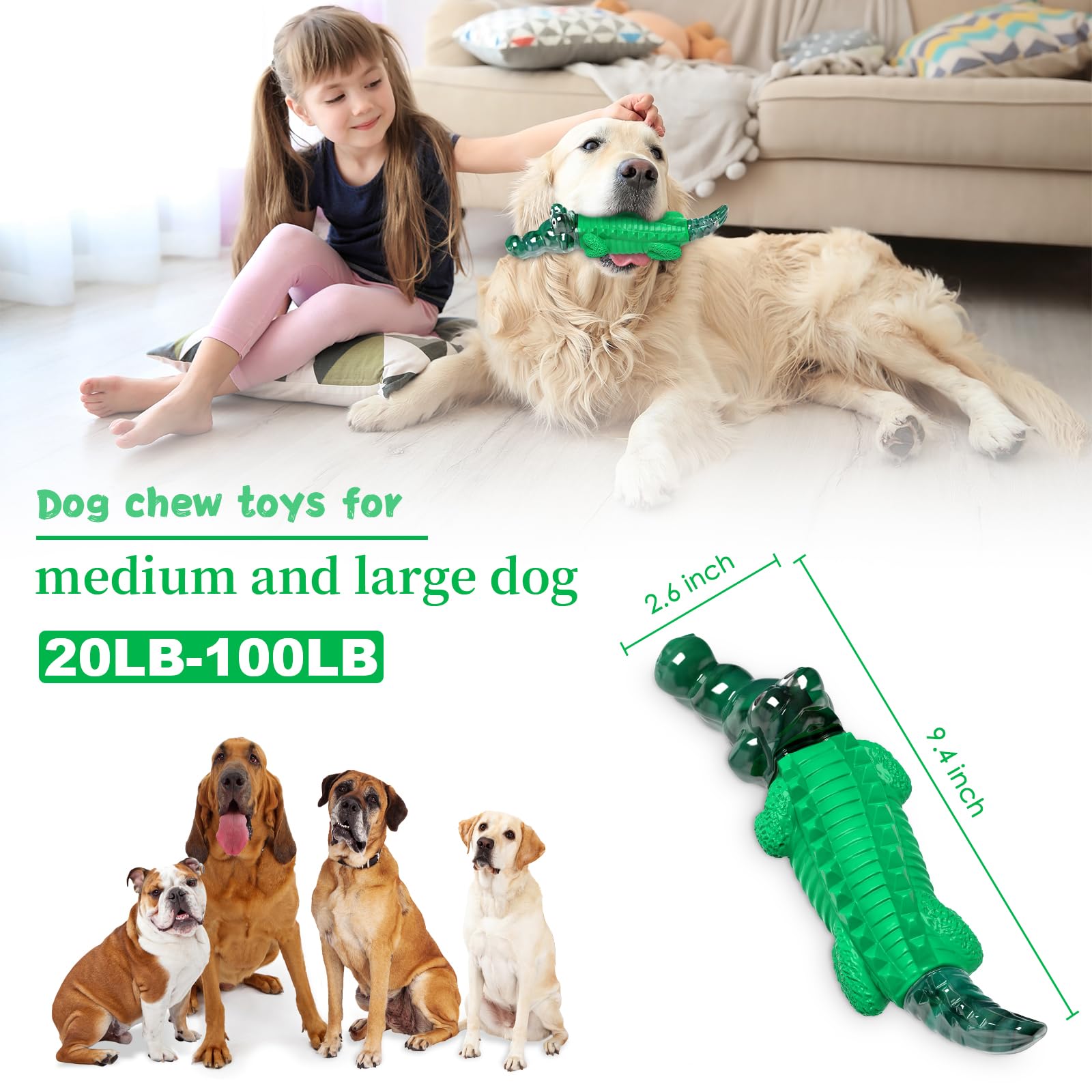 Fuufome Dog Chew Toy - Indestructible Nylon for Aggressive Chewers, Large, Green, Model 04, Reduces Anxiety and Boredom