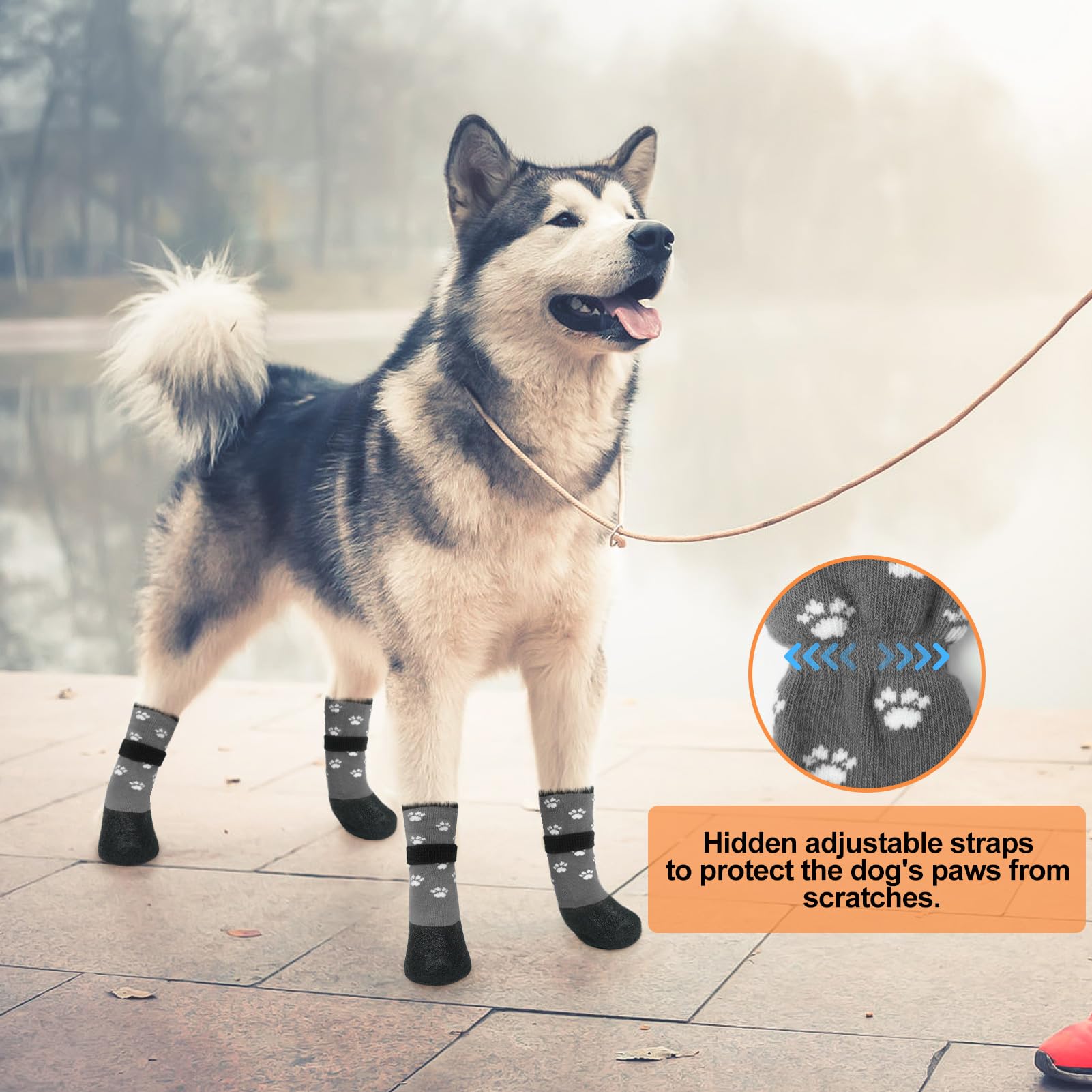 BEAUTYZOO Dog Socks Boots, Waterproof Grip Paw Protectors, Large, Grey Paw Pattern, 80% Cotton for Hot/Cold Pavement & Hardwood Floors