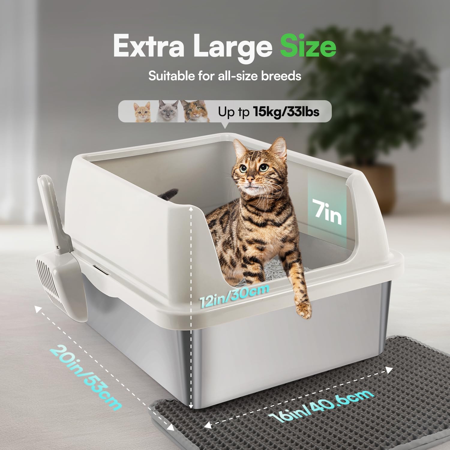 All For Paws Stainless Steel Cat Litter Box With Litter Mat For Big Cats Extra Large Metal Litter Pan Tray With High Wall Sides,
