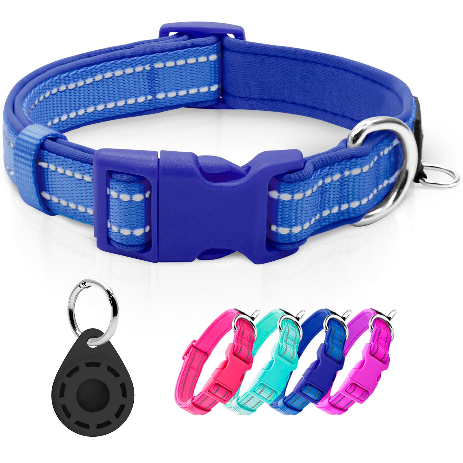 Azuza Reflective Dog Collar With Airtag Holder, Soft Neoprene Padded Pet Collar With Id Tag Ring, Adjustable For Medium Dogs,Roy