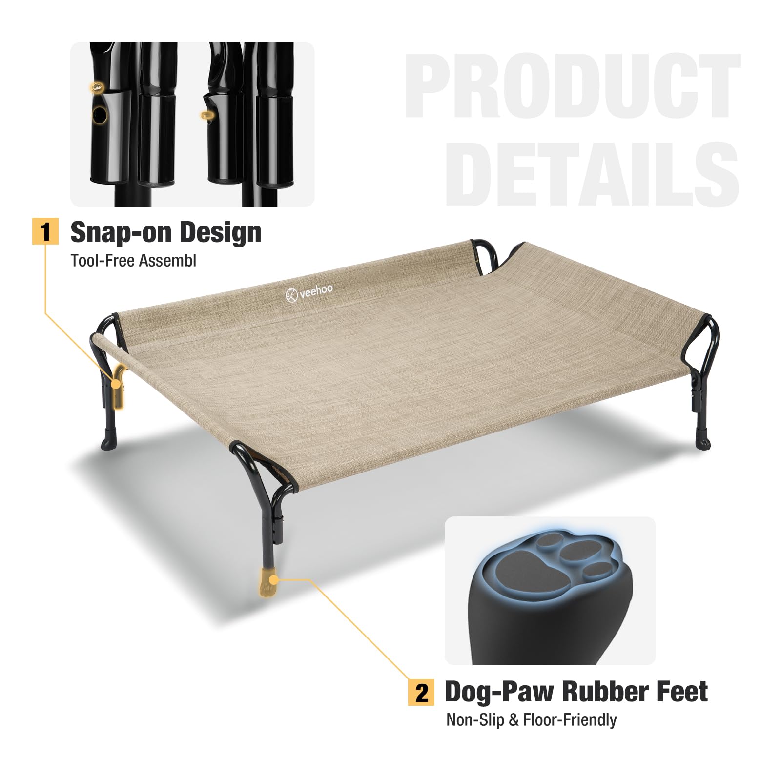 Veehoo Medium Elevated Dog Bed, Guardrail, Non-Slip, Teslin Mesh, 35''L X 26''W X 11''H, Beige Coffee
